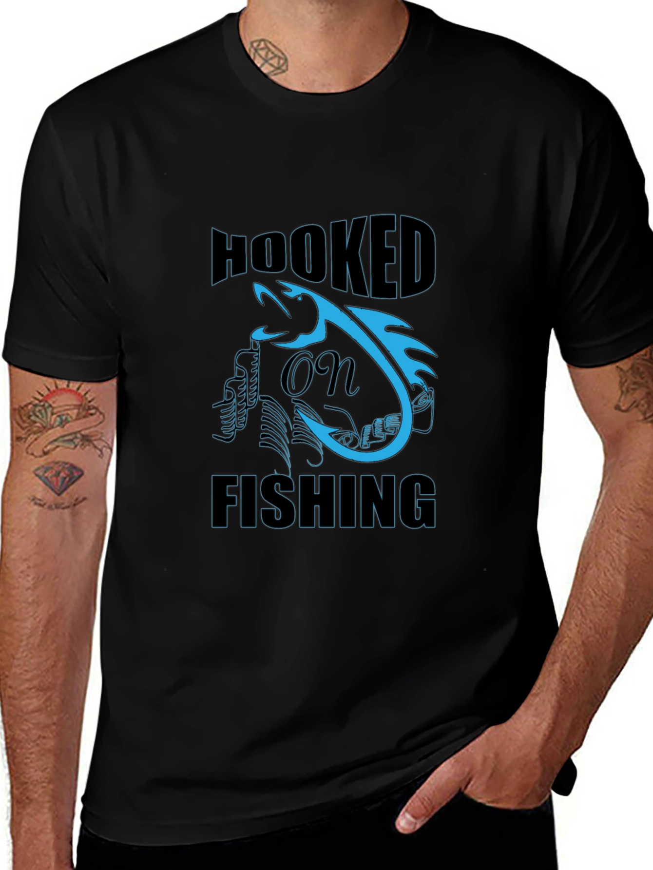 Hooked on Fishing Graphic Tee - Black Cotton T-Shirt