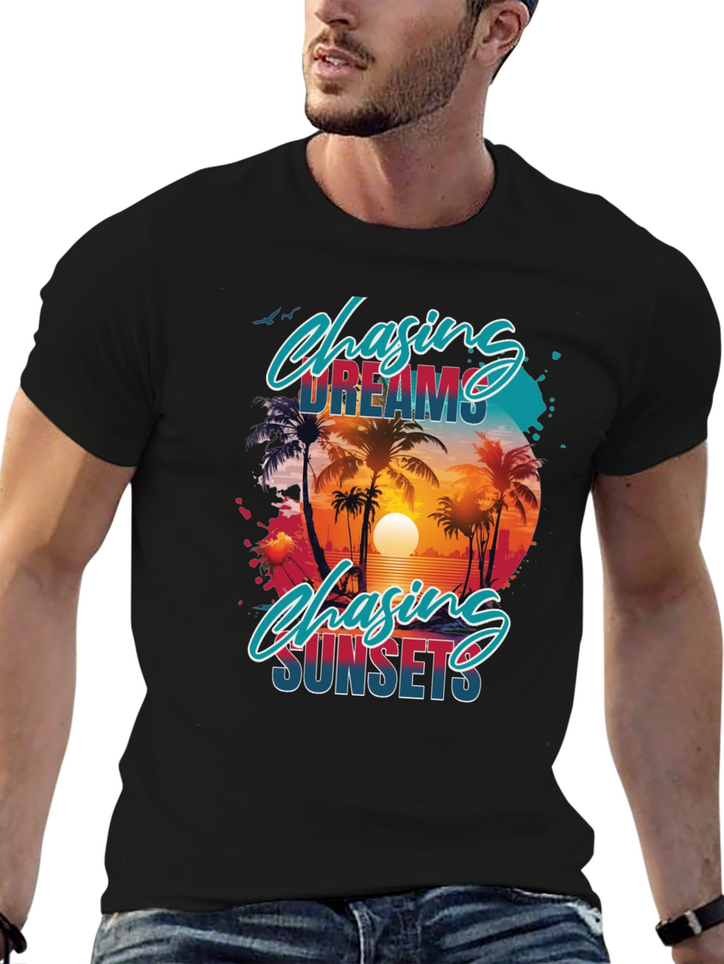 Chasing Dreams & Sunsets Black Graphic Tee