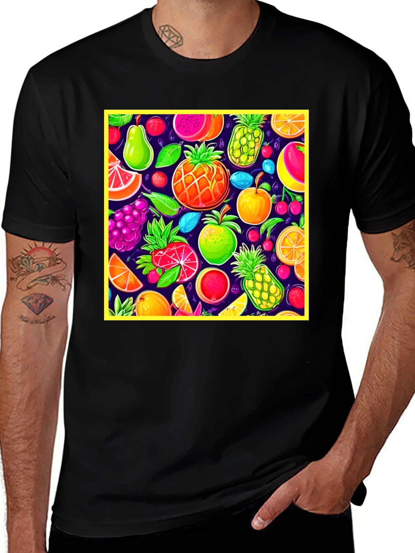 Vibrant Fruit Pattern Crew Neck T-Shirt