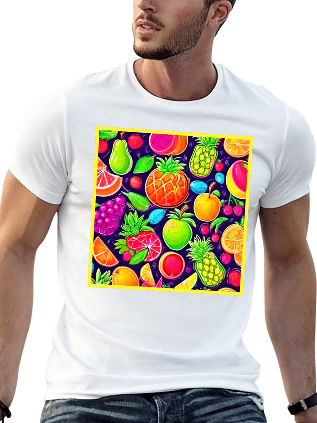 Vibrant Fruit Pattern Crew Neck T-Shirt