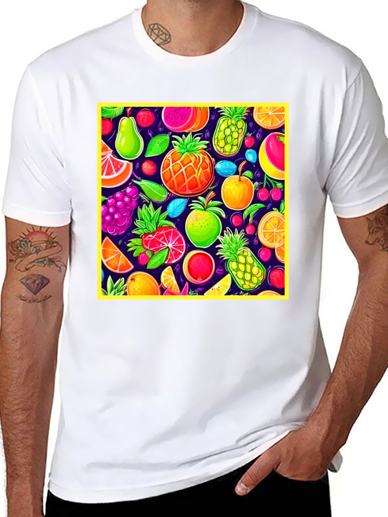 Vibrant Fruit Pattern Crew Neck T-Shirt