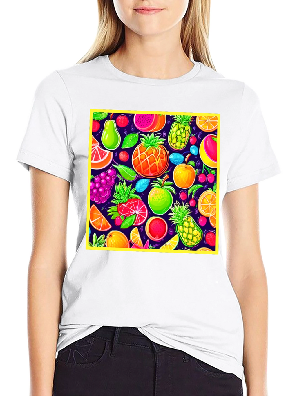 Vibrant Fruit Pattern Crew Neck T-Shirt