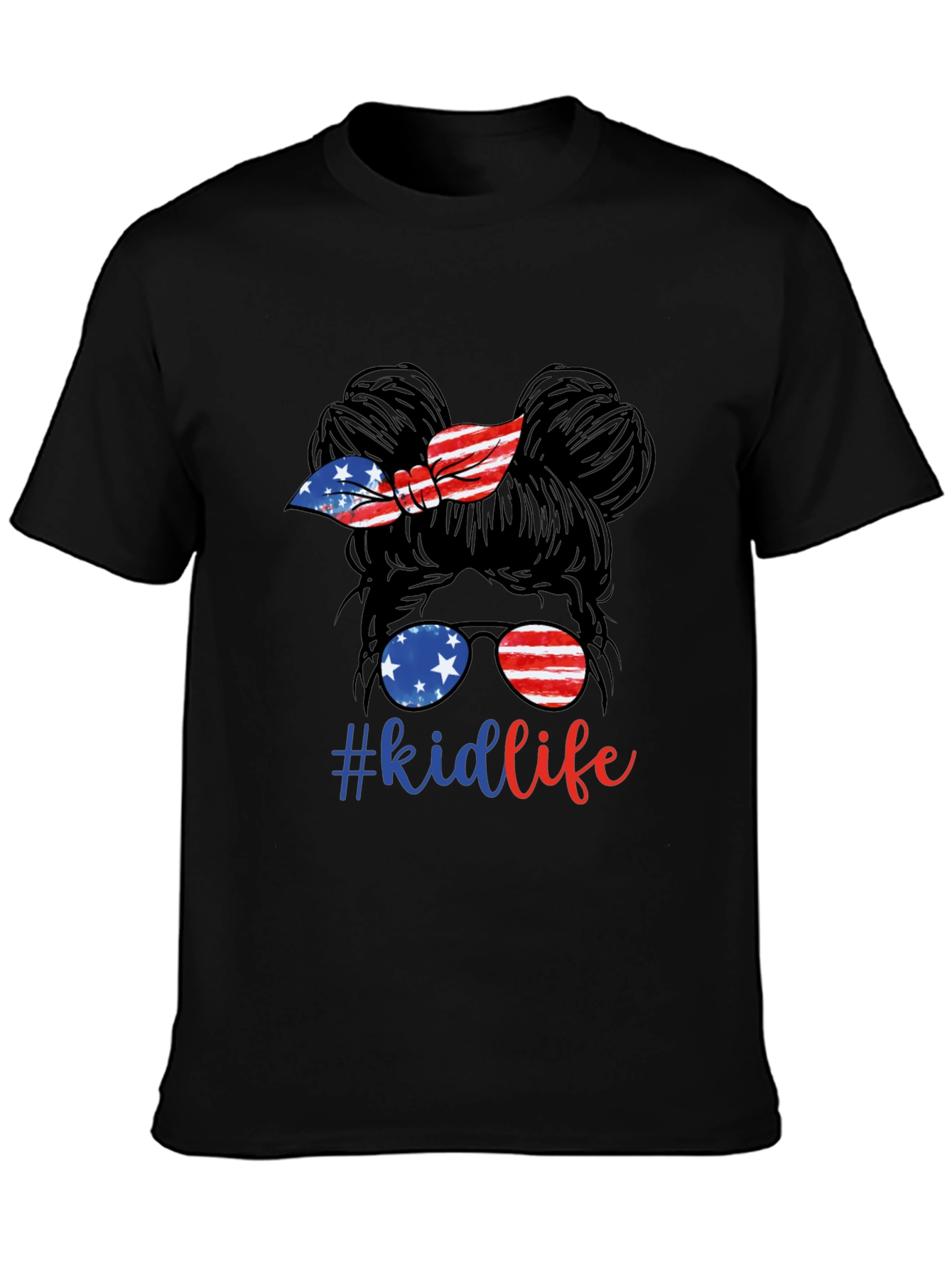Kid Life Messy Bun Tee - Patriotic American Flag Design