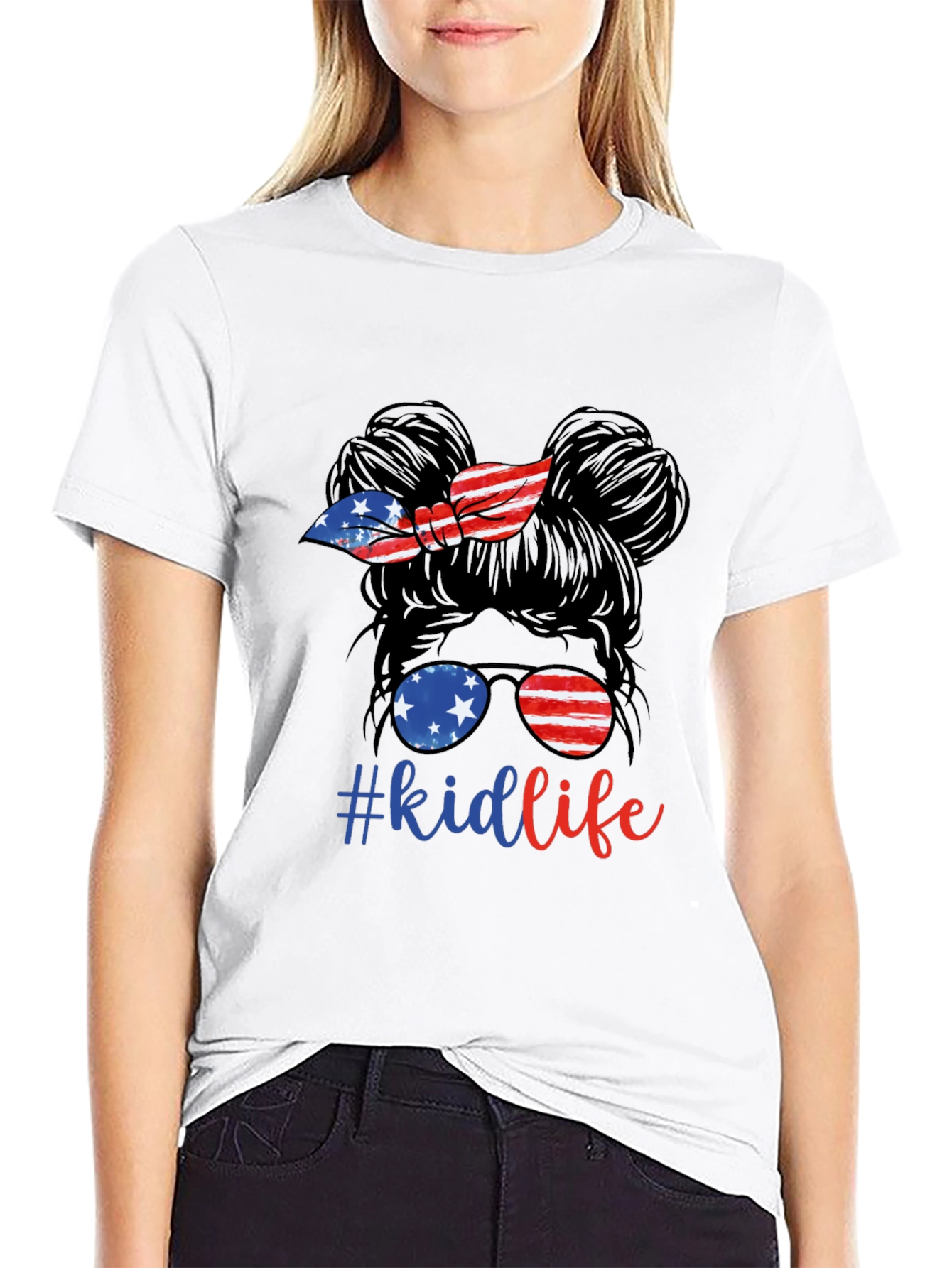 Kid Life Messy Bun Tee - Patriotic American Flag Design