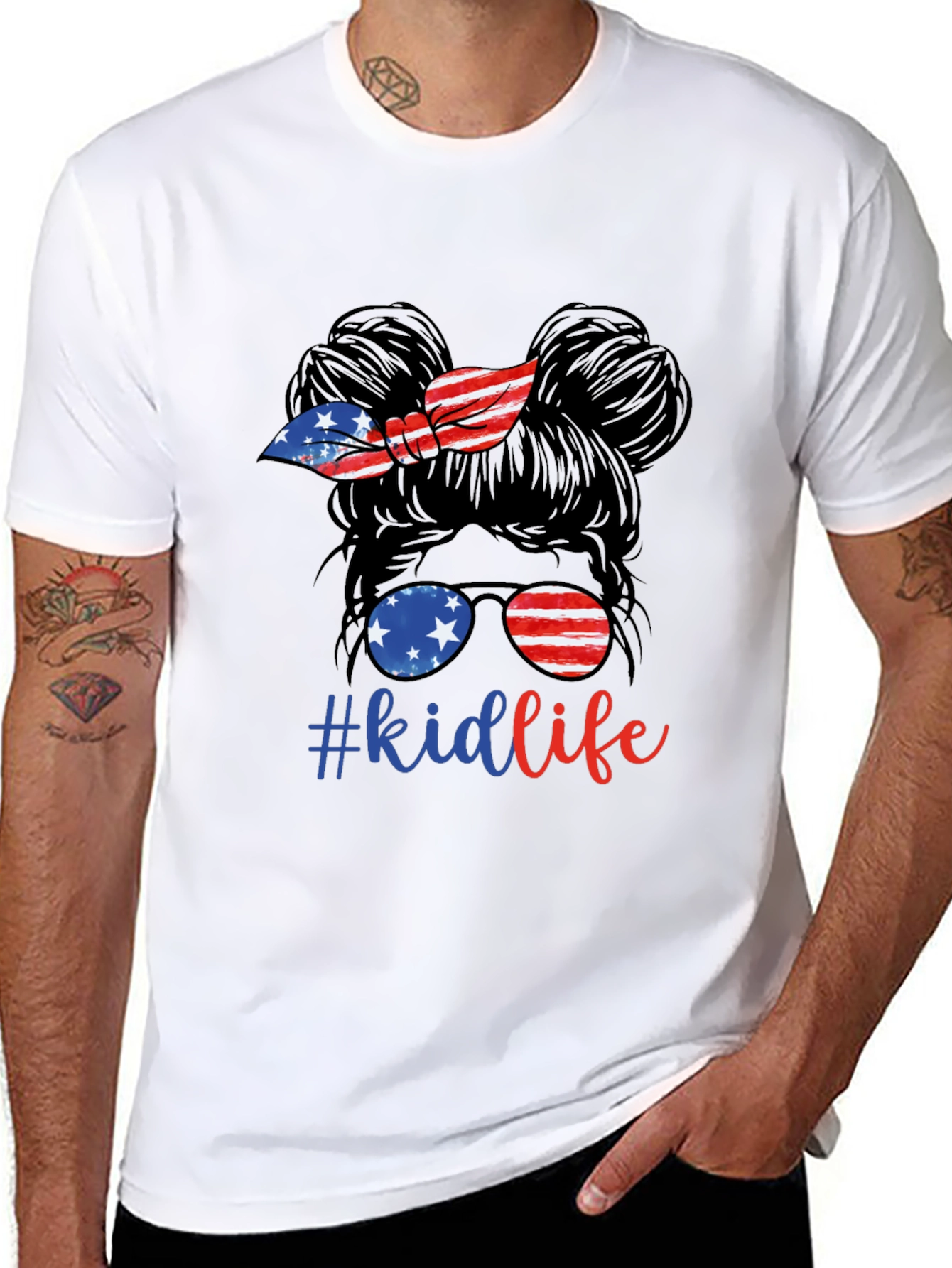 Kid Life Messy Bun Tee - Patriotic American Flag Design