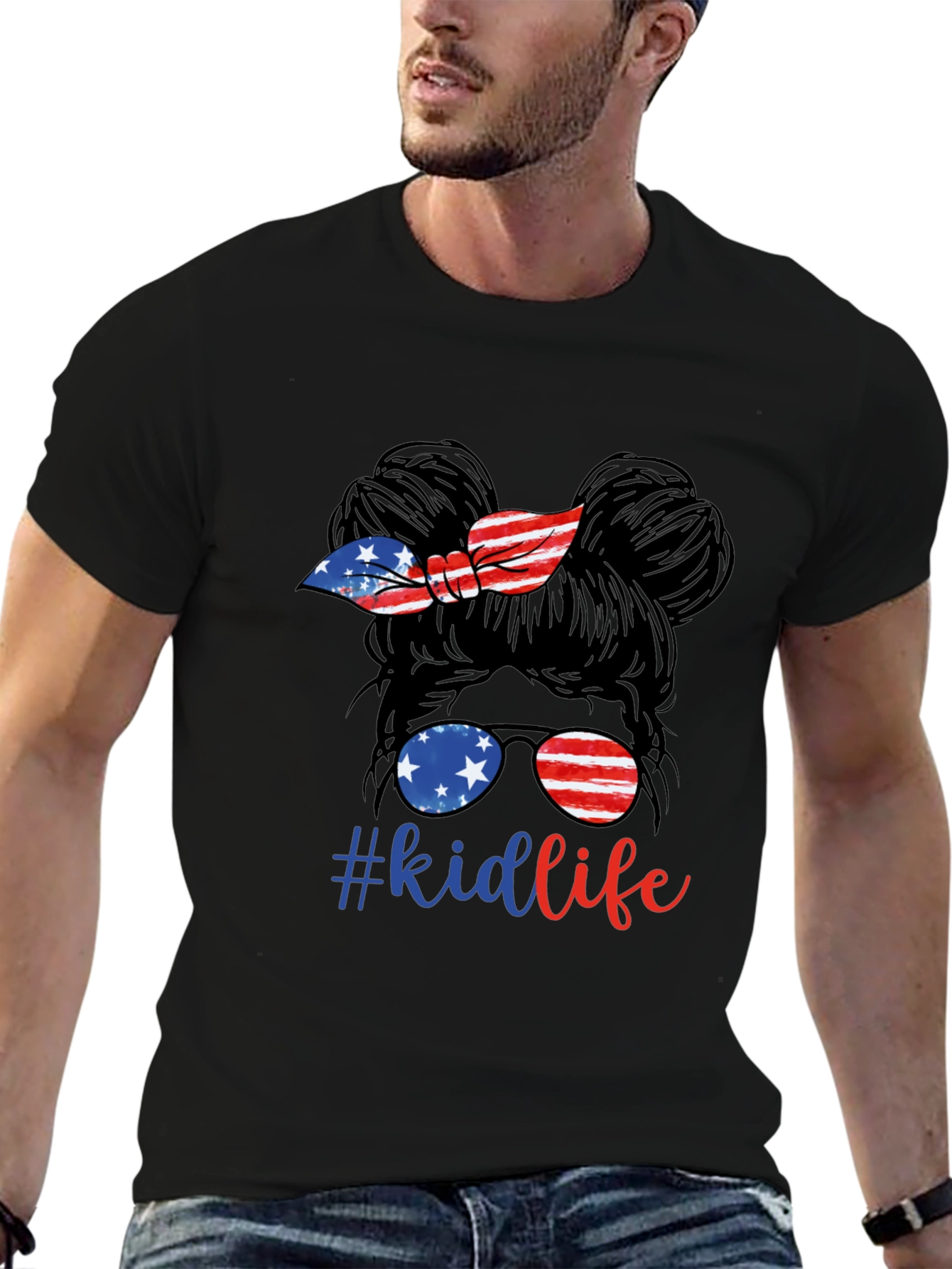Kid Life Messy Bun Tee - Patriotic American Flag Design
