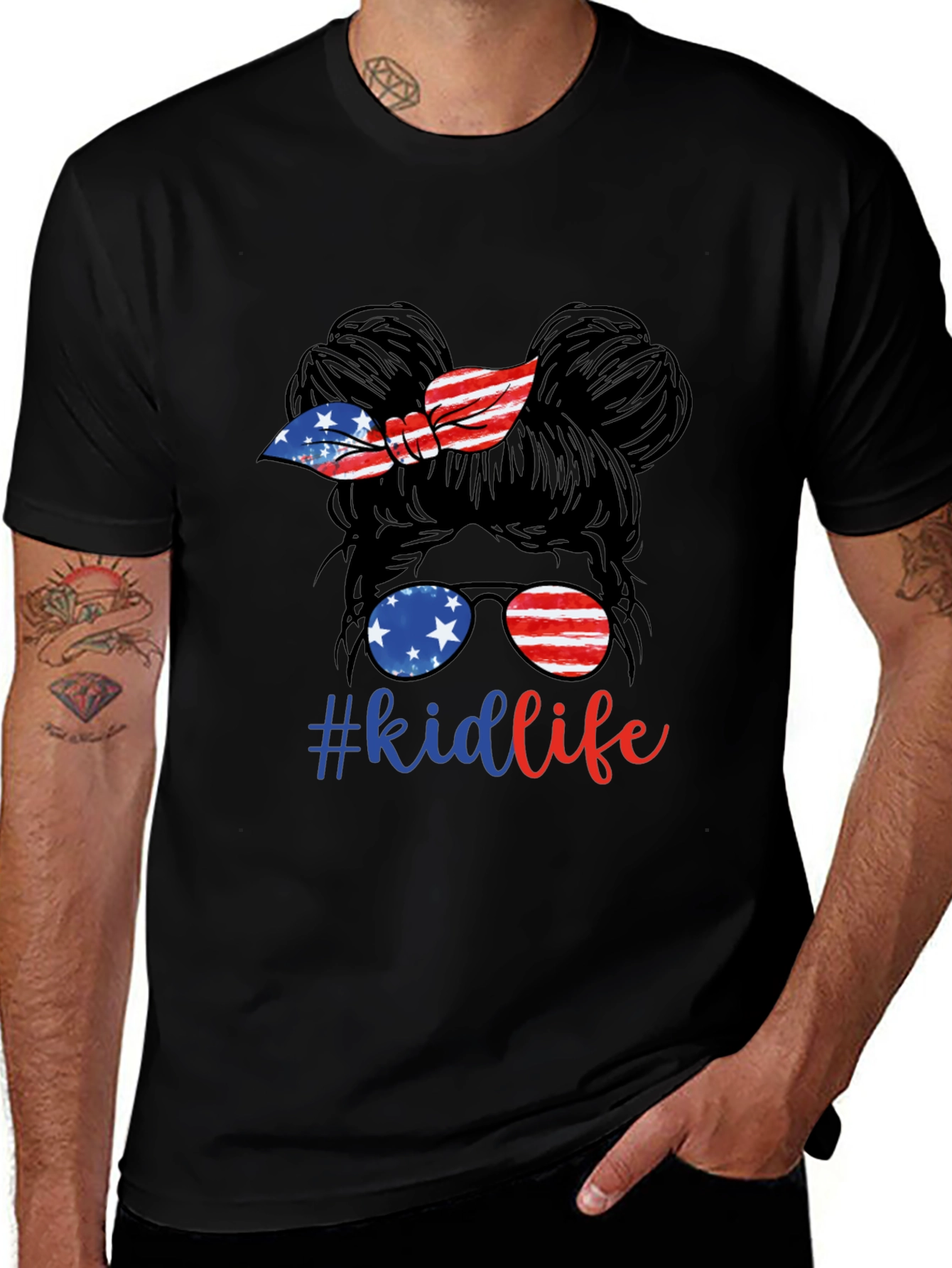 Kid Life Messy Bun Tee - Patriotic American Flag Design