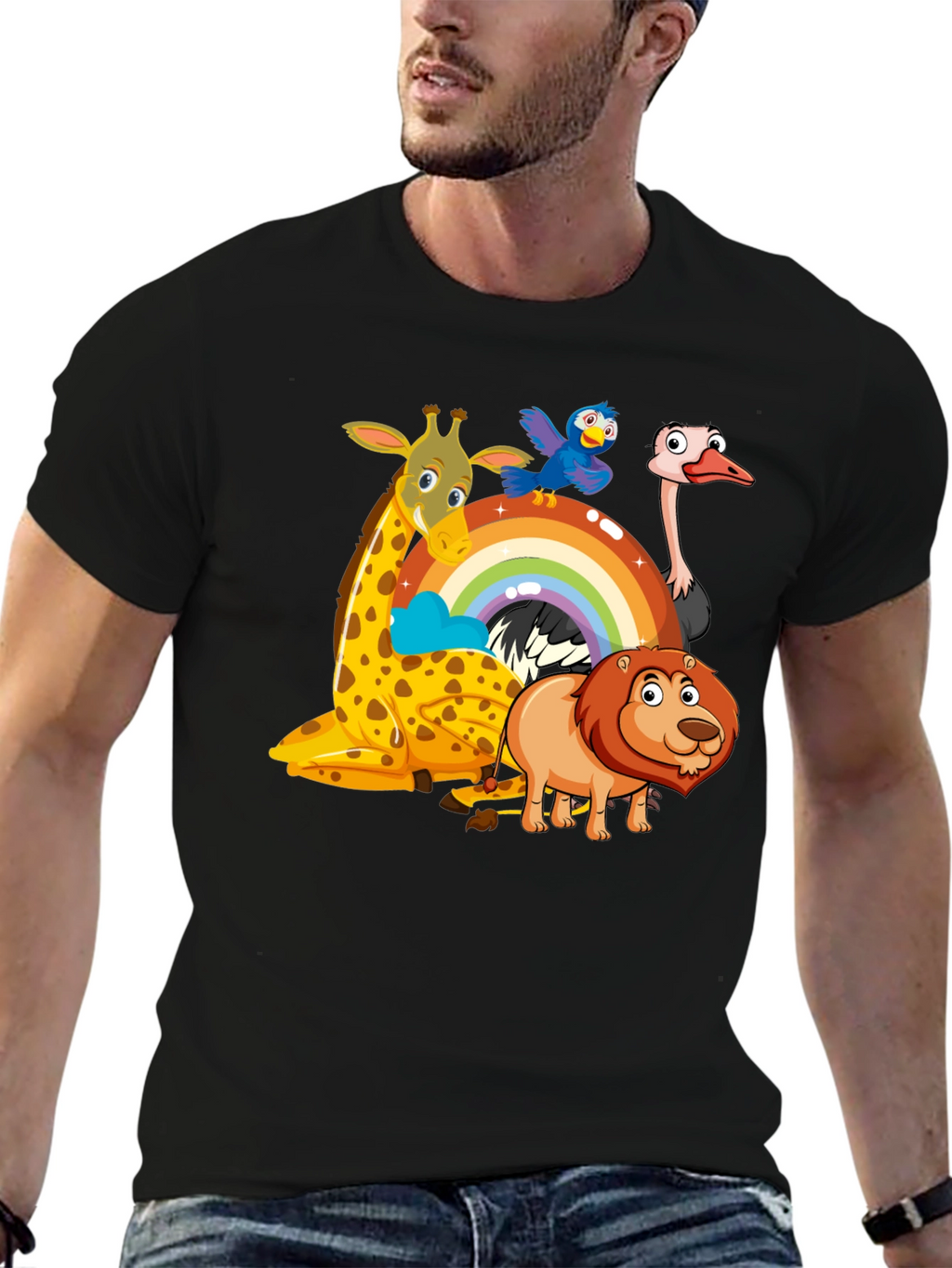 Cartoon Animals on Rainbow Graphic Black T-Shirt