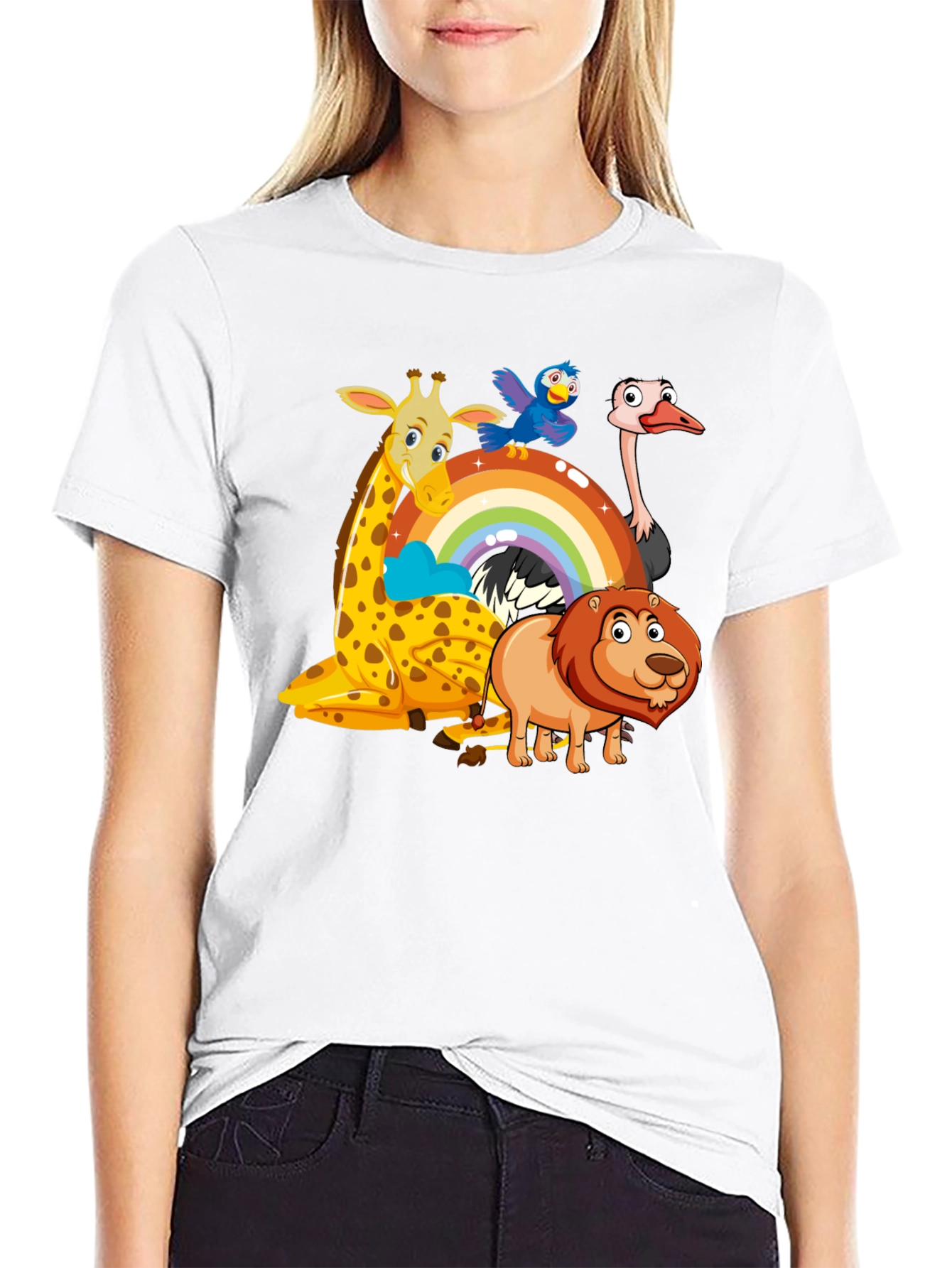 Cartoon Animals on Rainbow Graphic Black T-Shirt