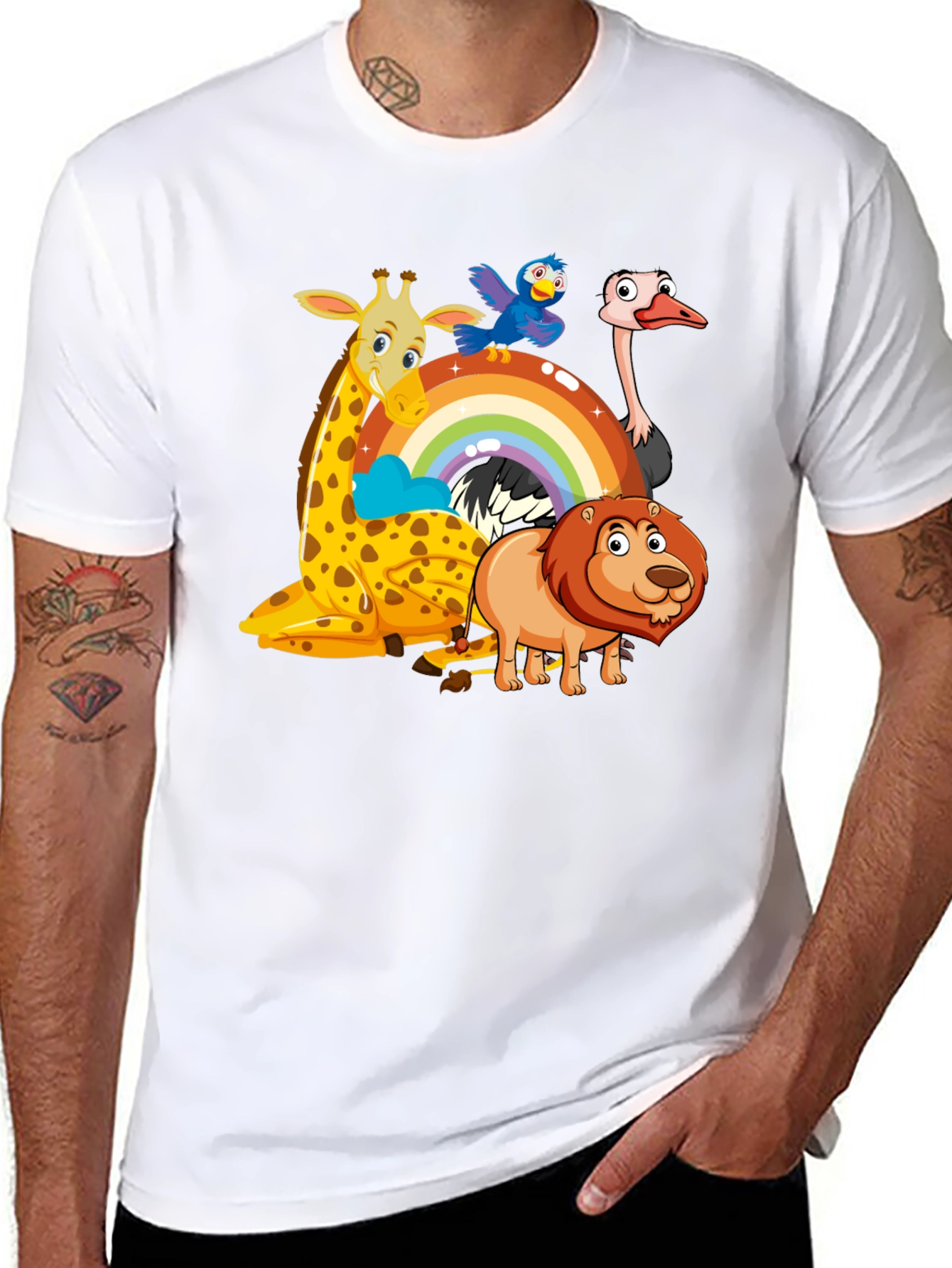 Cartoon Animals on Rainbow Graphic Black T-Shirt