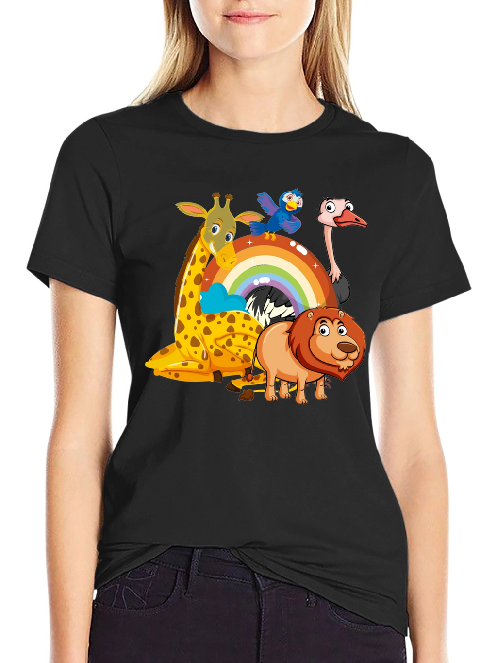 Cartoon Animals on Rainbow Graphic Black T-Shirt