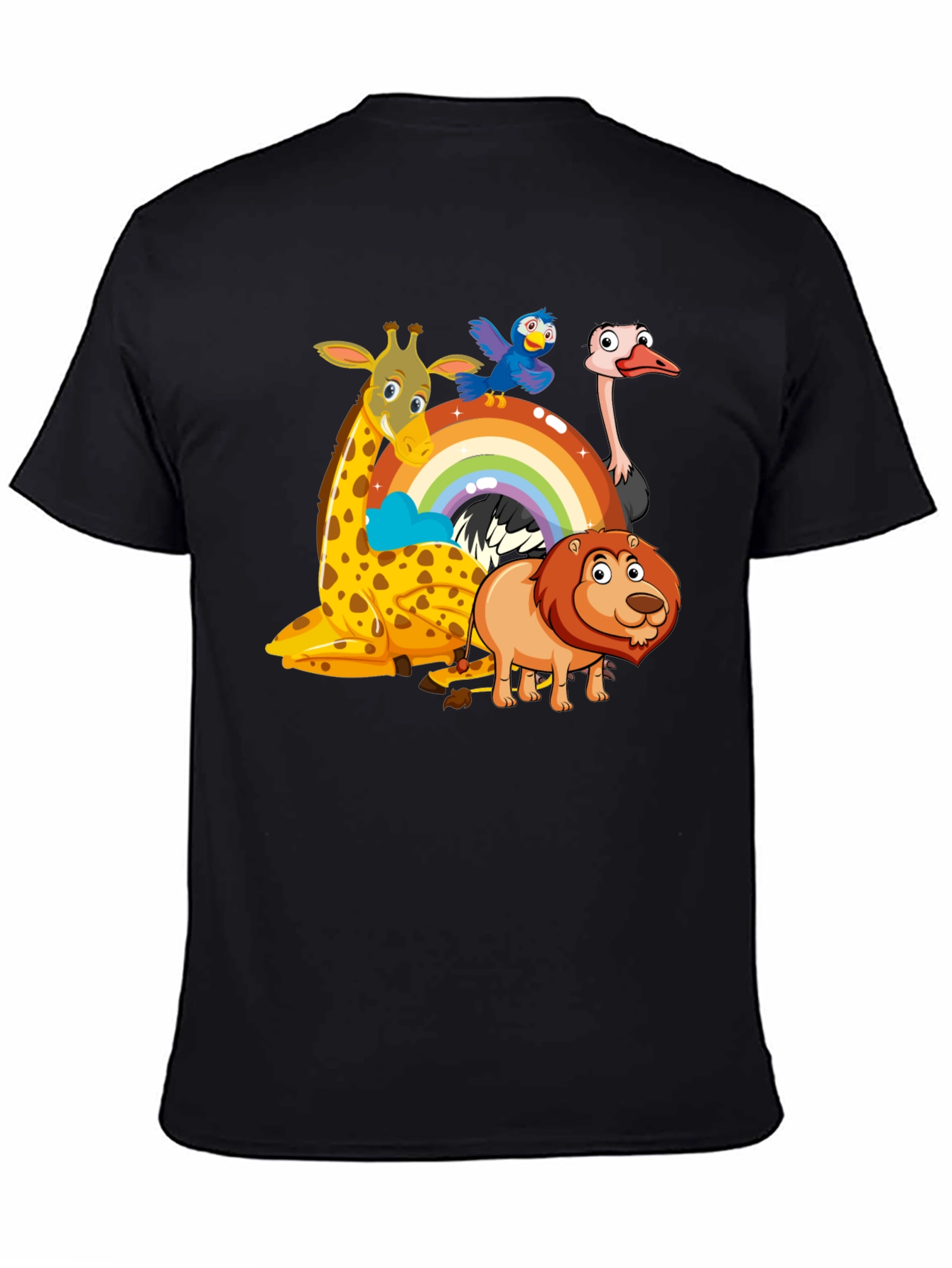 Cartoon Animals on Rainbow Graphic Black T-Shirt