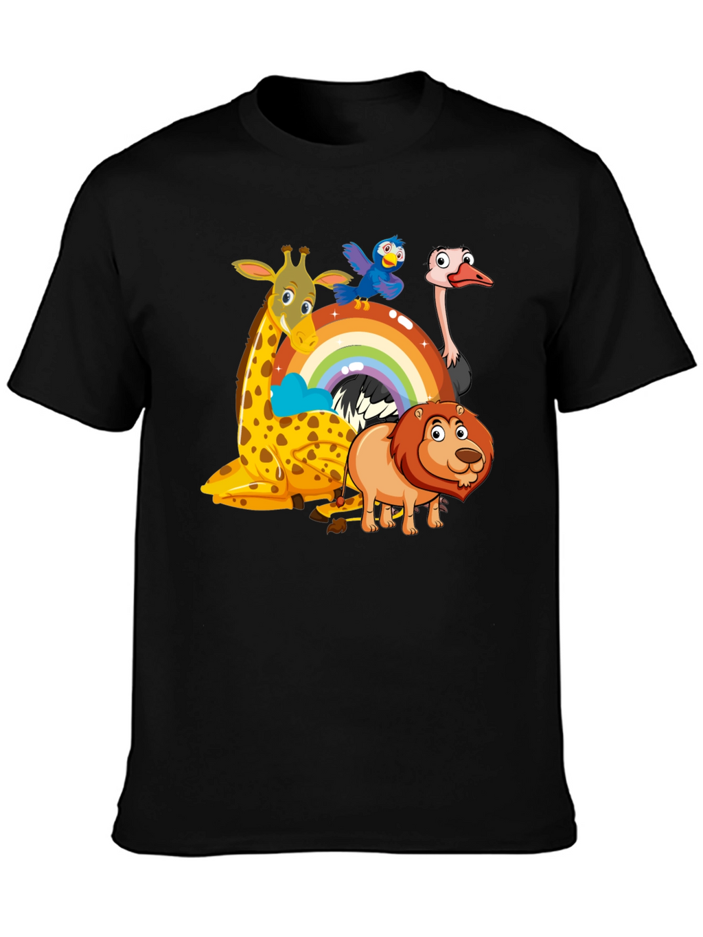 Cartoon Animals on Rainbow Graphic Black T-Shirt