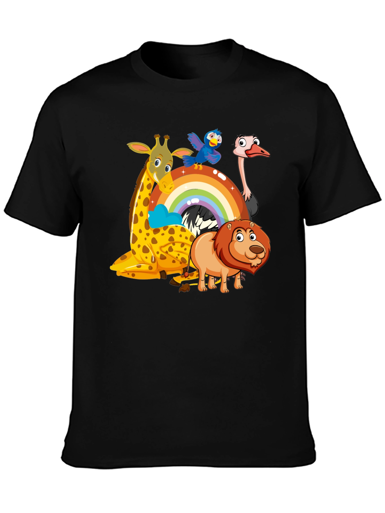 Cartoon Animals on Rainbow Graphic Black T-Shirt