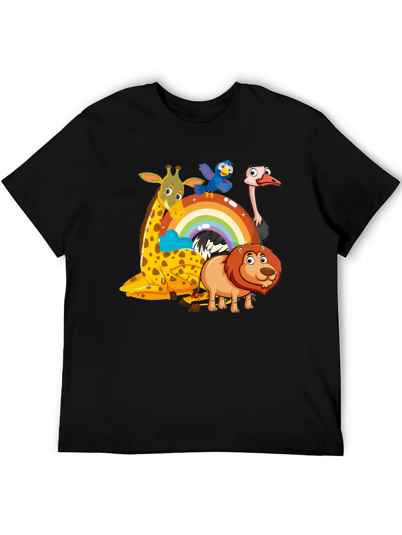 Cartoon Animals on Rainbow Graphic Black T-Shirt