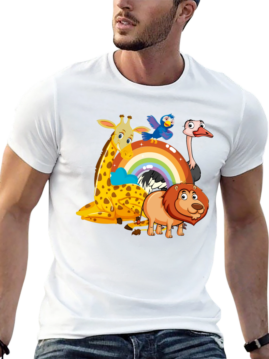 Cartoon Animals on Rainbow Graphic Black T-Shirt