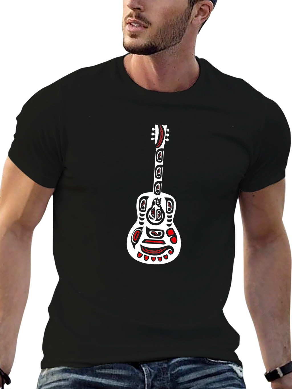Tribal Guitar Graphic Black T-Shirt