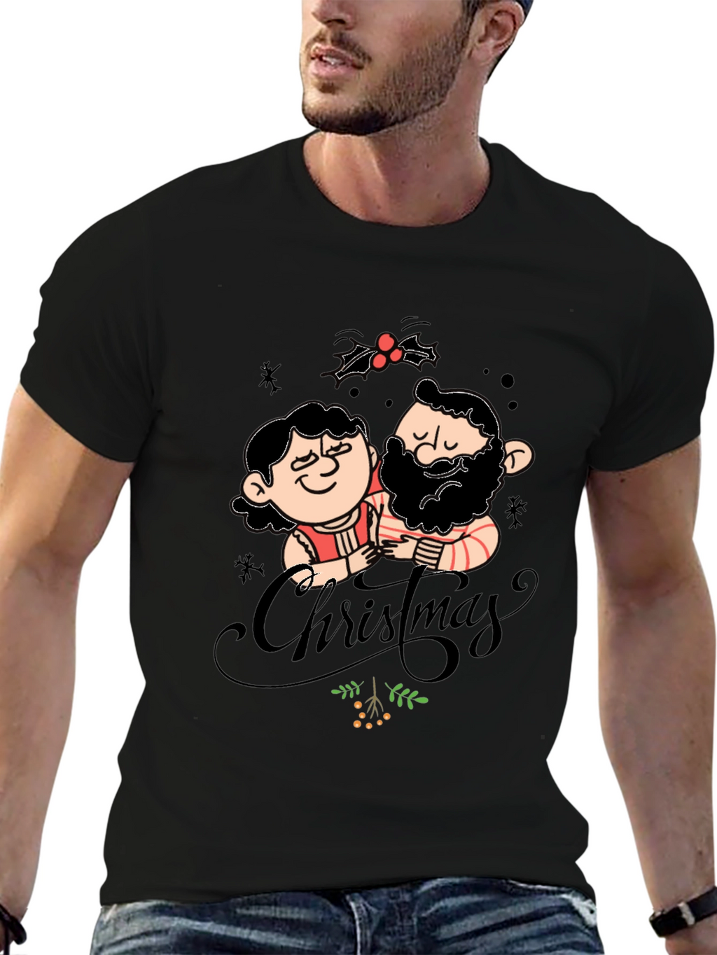 Festive Christmas Couple Graphic Tee - Black
