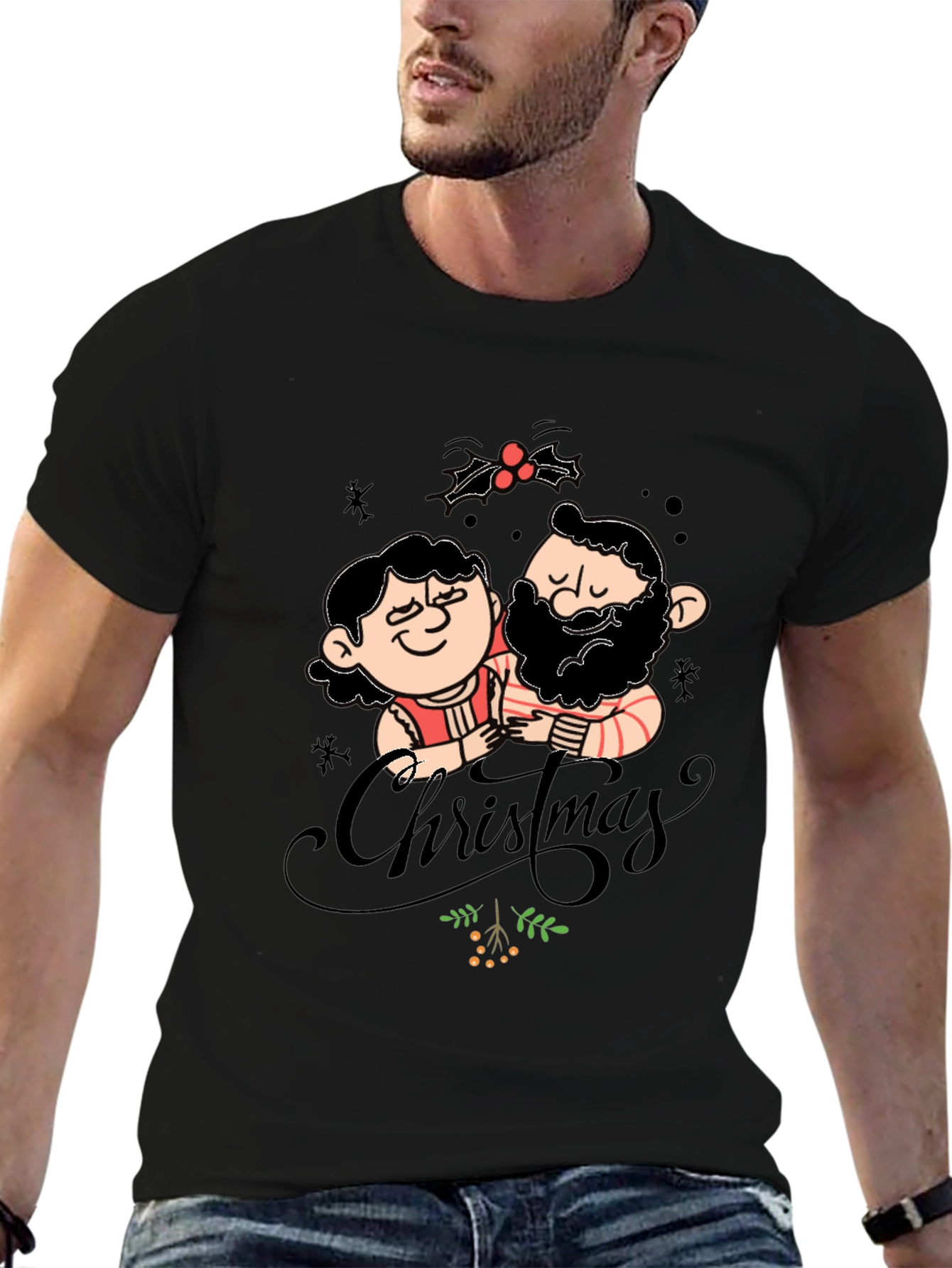 Festive Christmas Couple Graphic Tee - Black