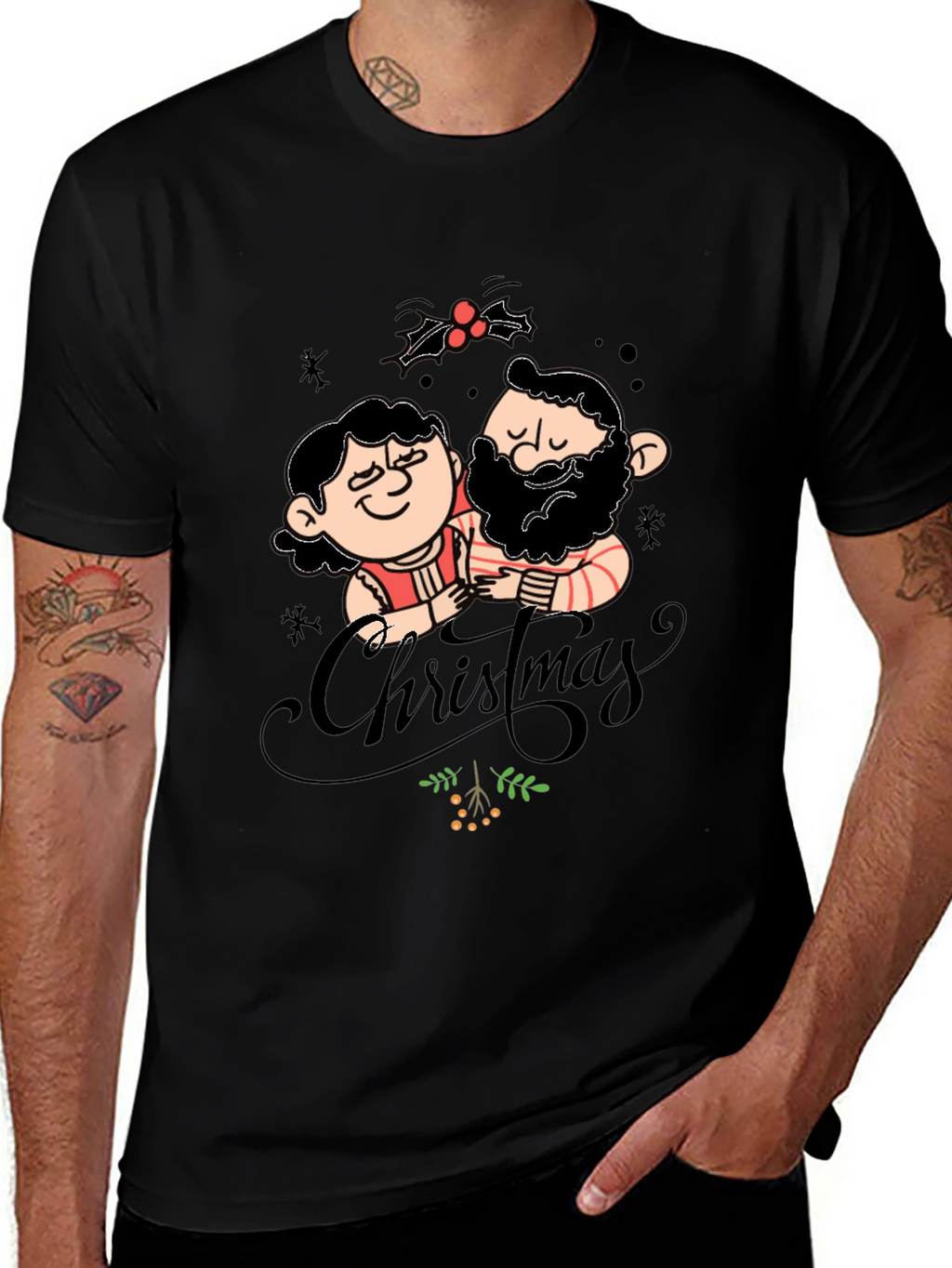 Festive Christmas Couple Graphic Tee - Black
