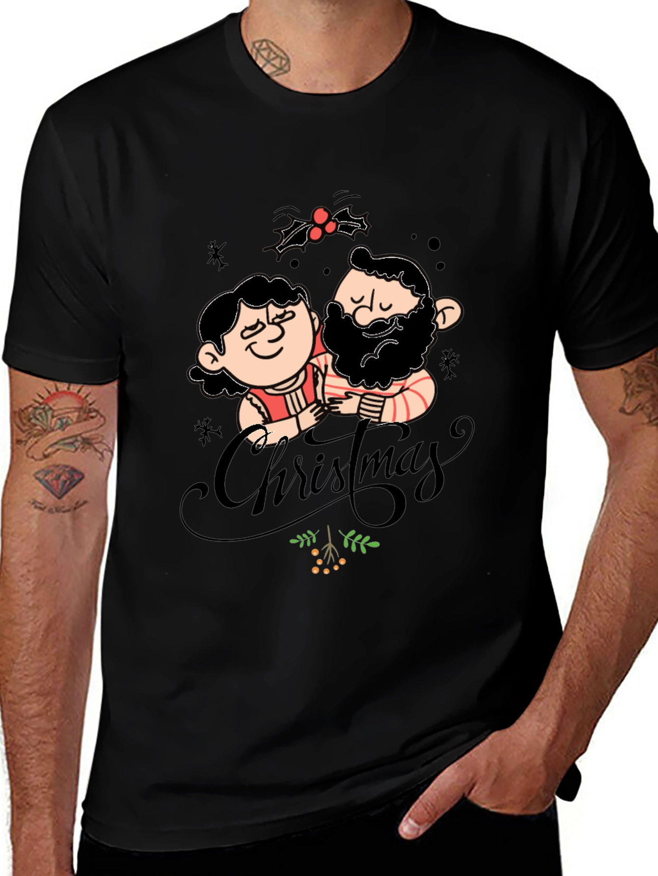 Festive Christmas Couple Graphic Tee - Black