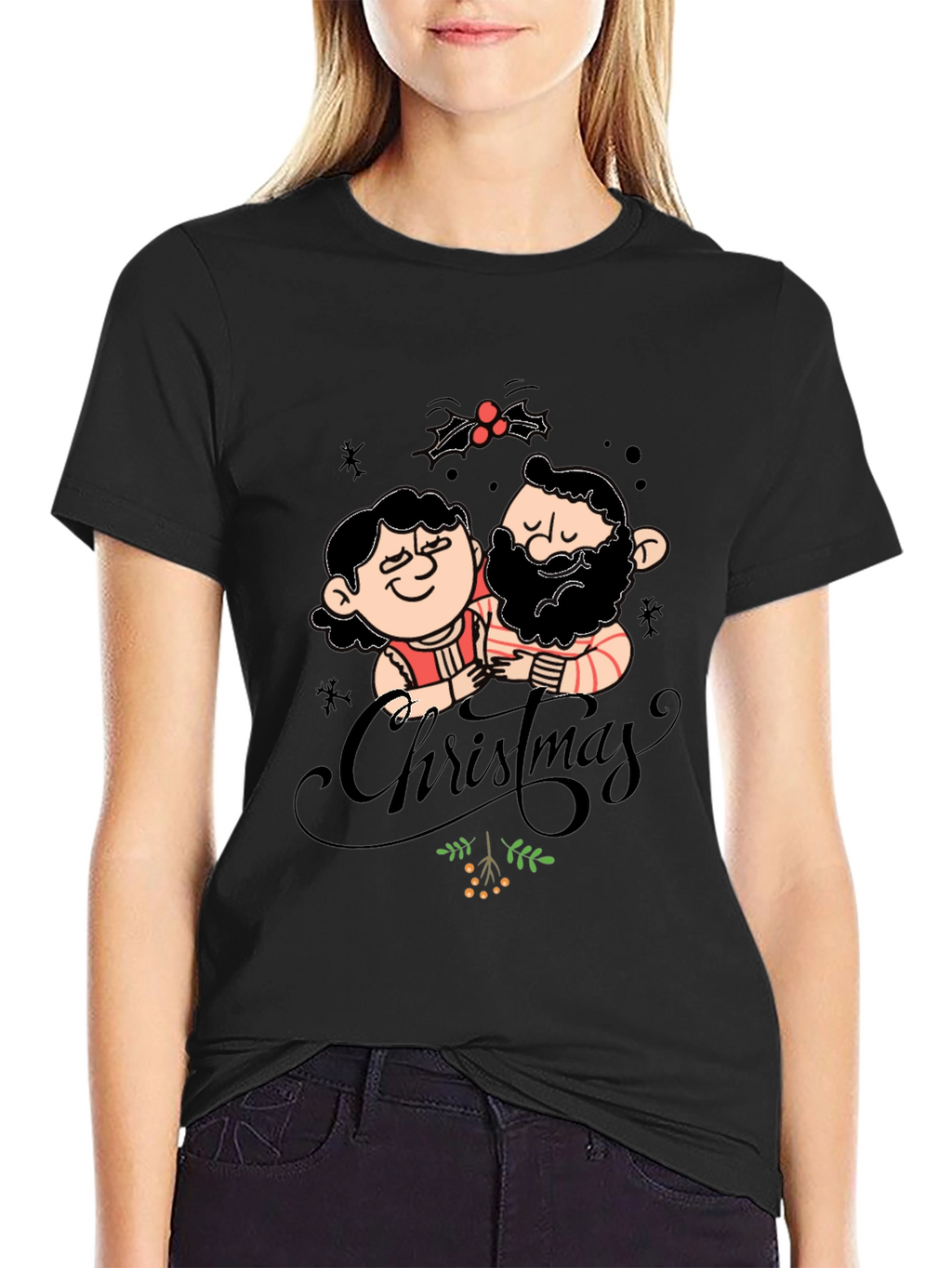 Festive Christmas Couple Graphic Tee - Black