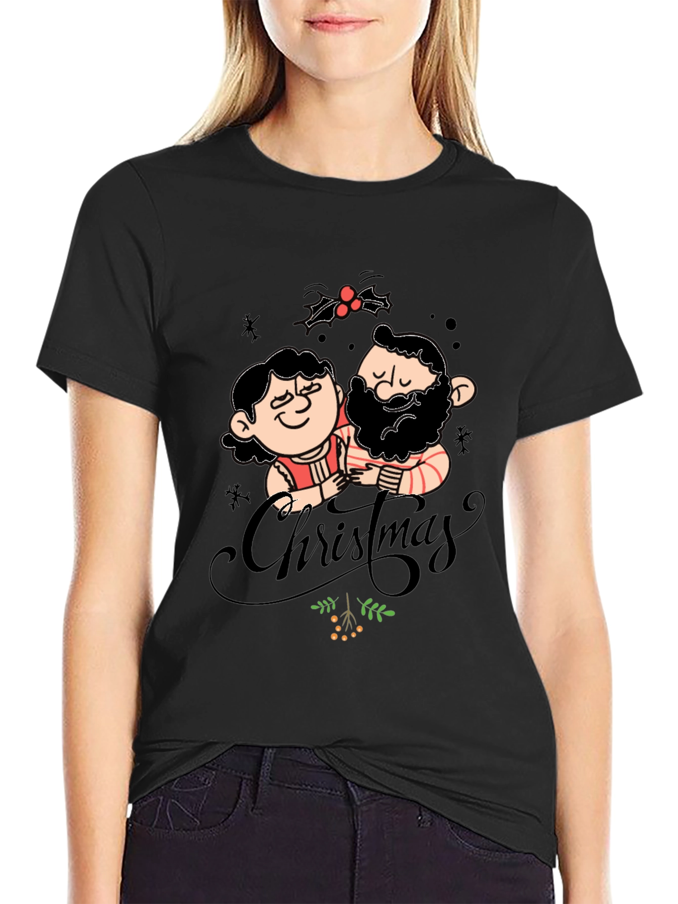 Festive Christmas Couple Graphic Tee - Black