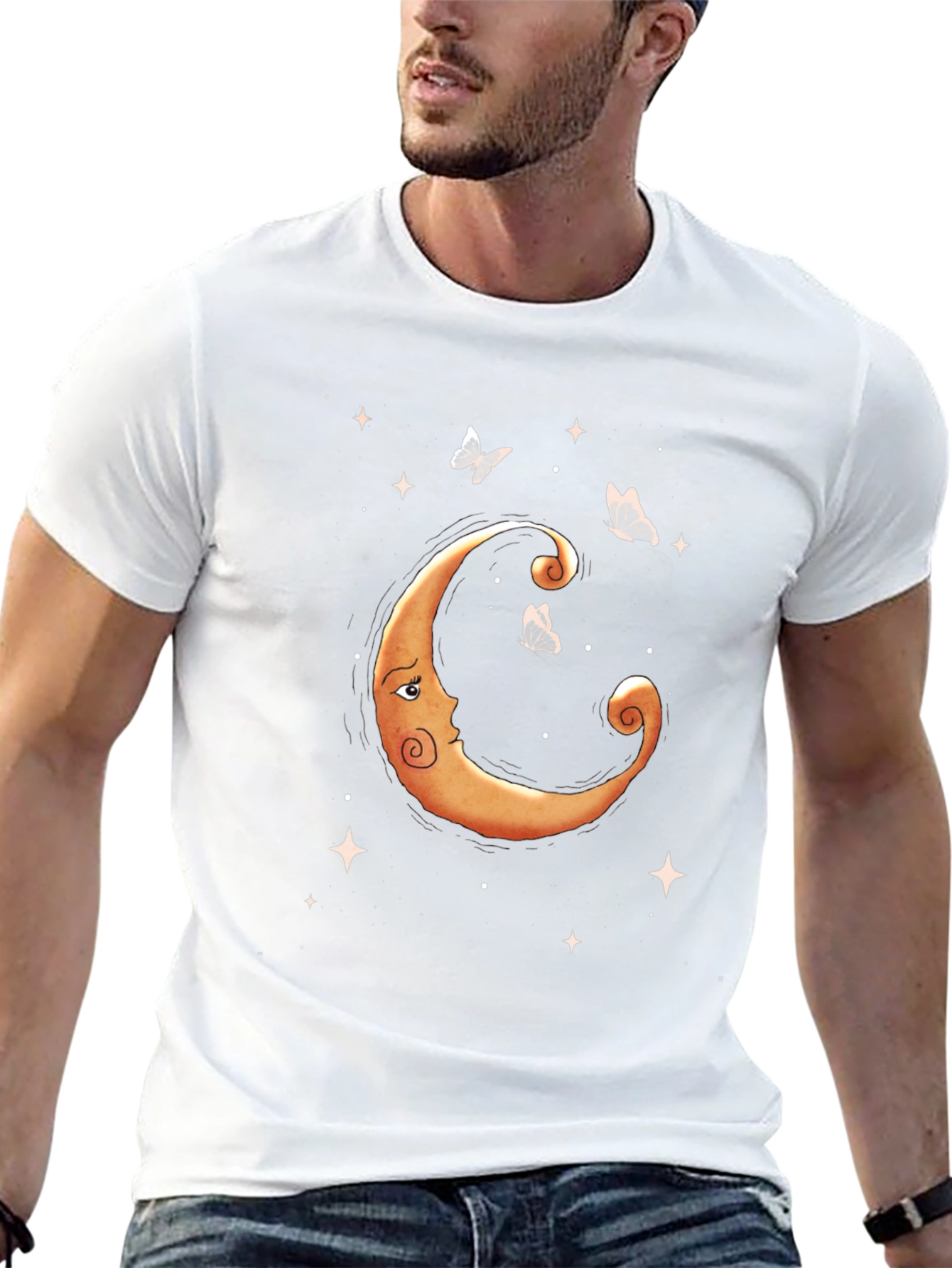 Celestial Moon & Butterfly Graphic Tee - Black