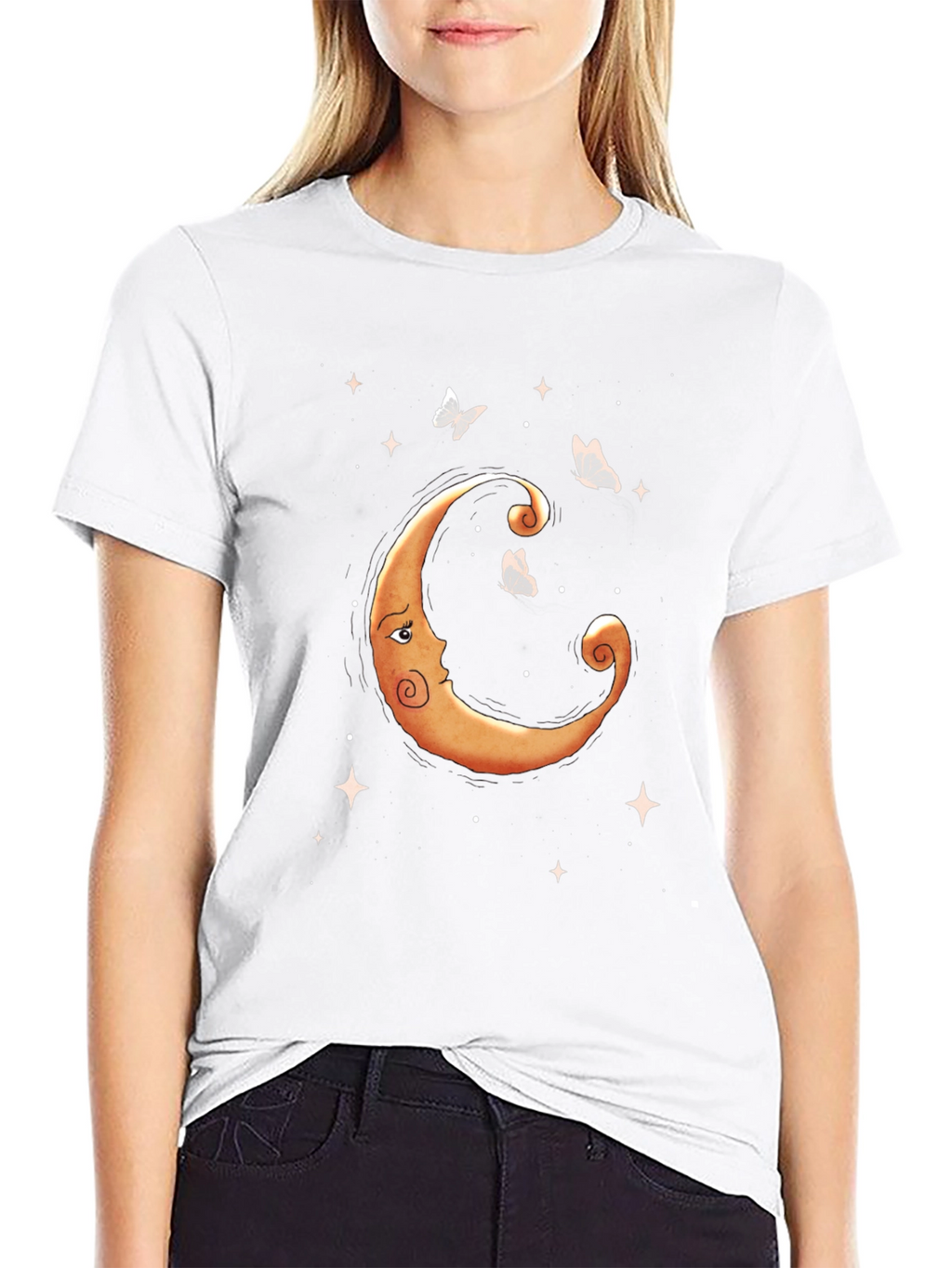 Celestial Moon & Butterfly Graphic Tee - Black