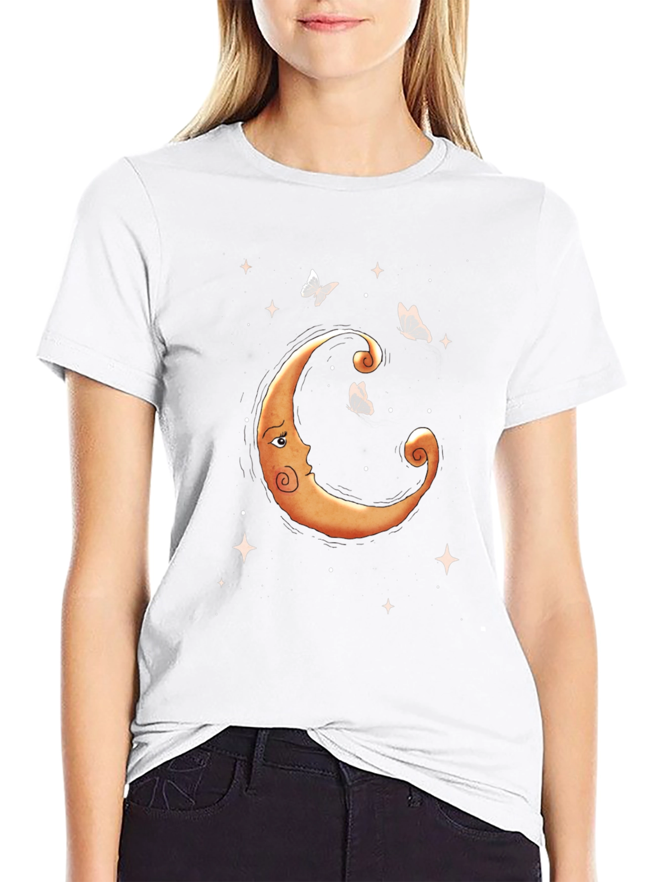 Celestial Moon & Butterfly Graphic Tee - Black
