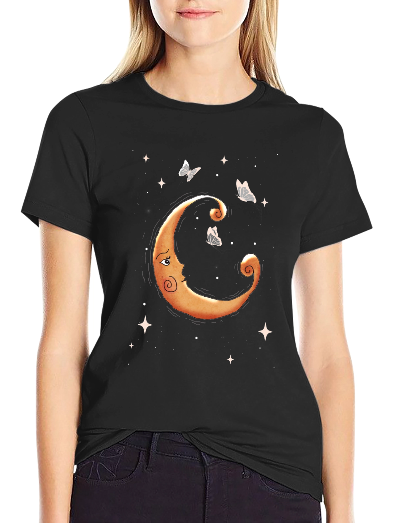 Celestial Moon & Butterfly Graphic Tee - Black