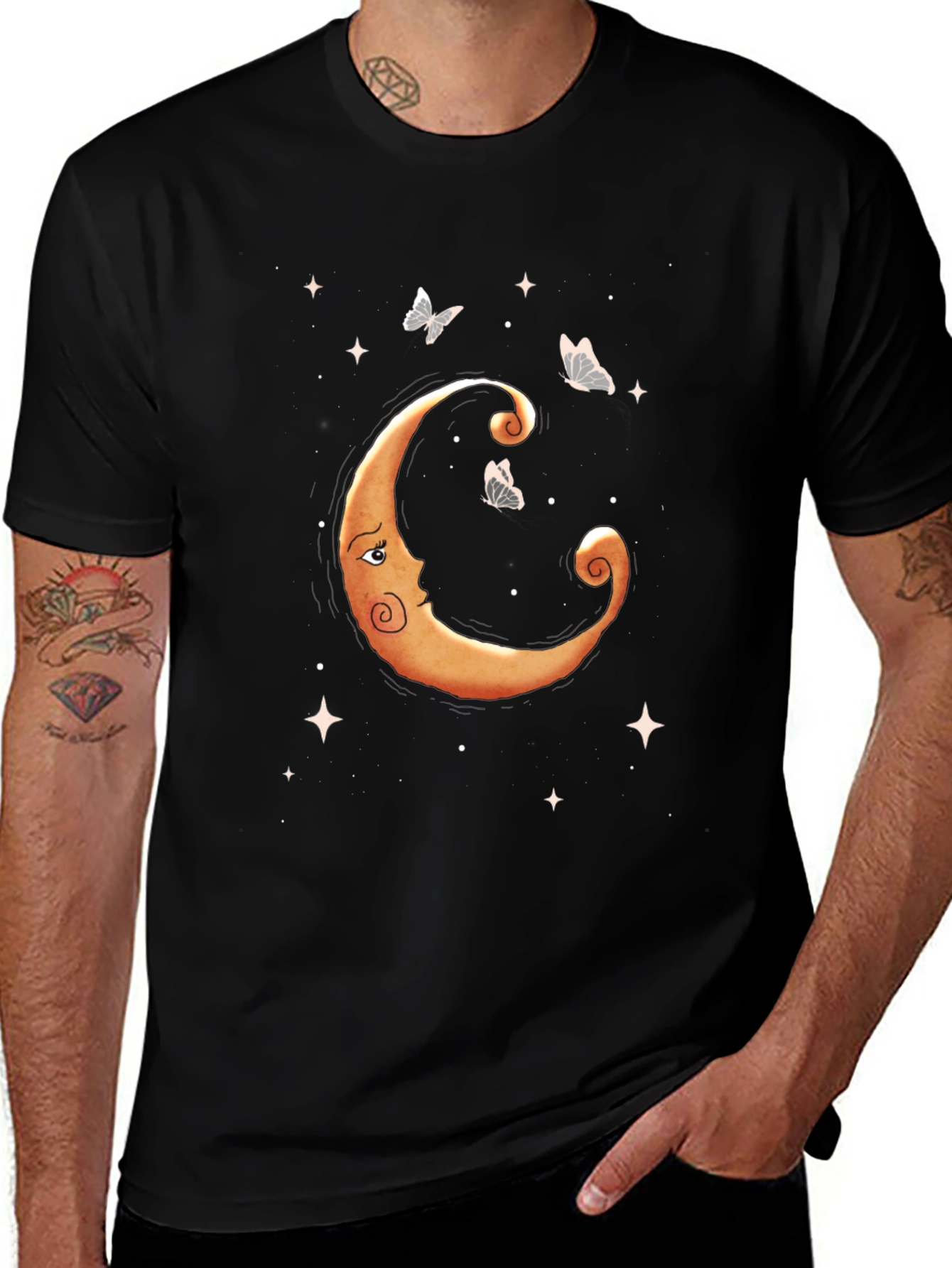 Celestial Moon & Butterfly Graphic Tee - Black