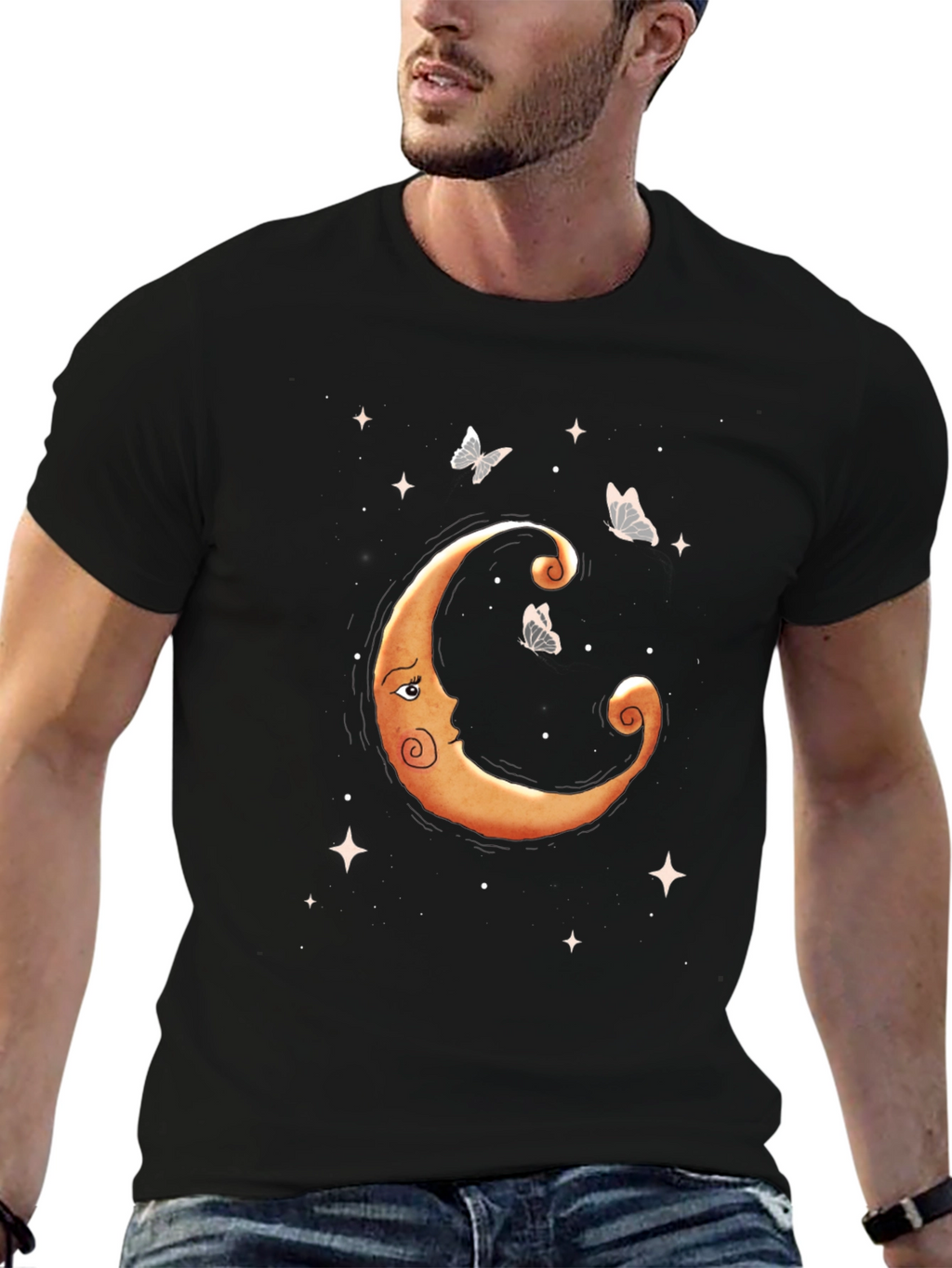 Celestial Moon & Butterfly Graphic Tee - Black