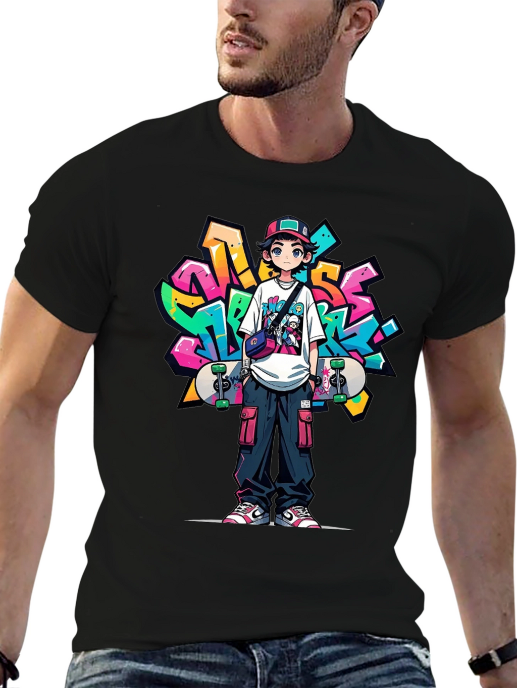 Cool Anime Graffiti Skater Graphic T-Shirt