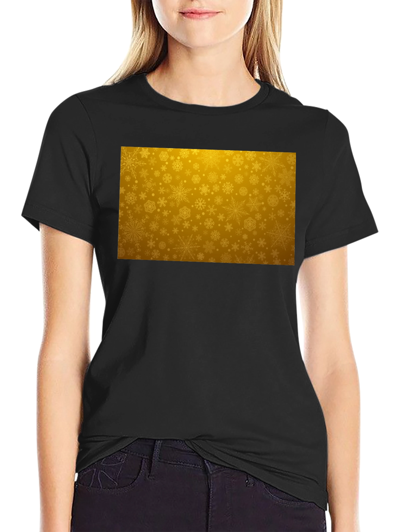 Golden Snowflake Pattern Black T-Shirt