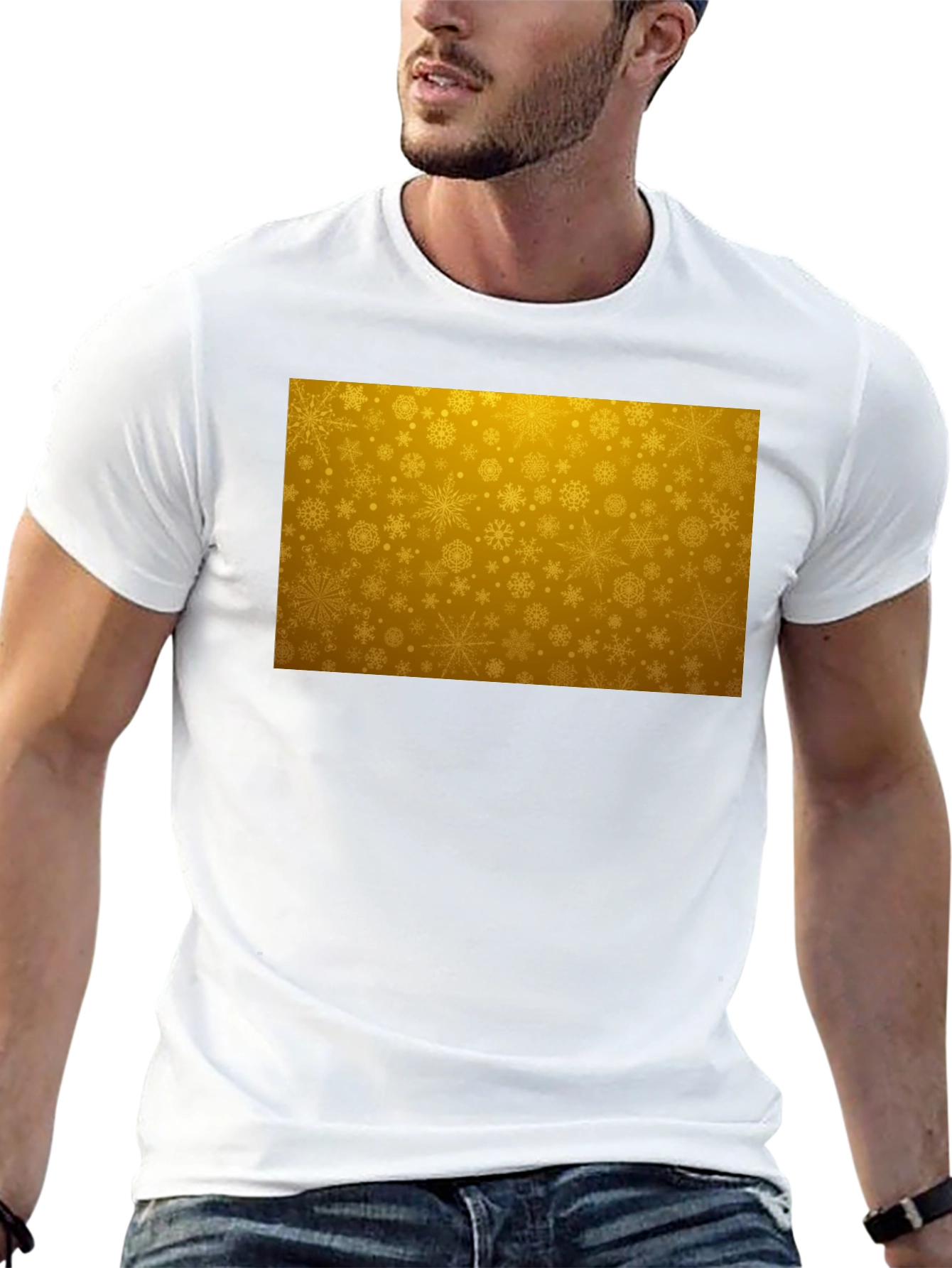 Golden Snowflake Pattern Black T-Shirt