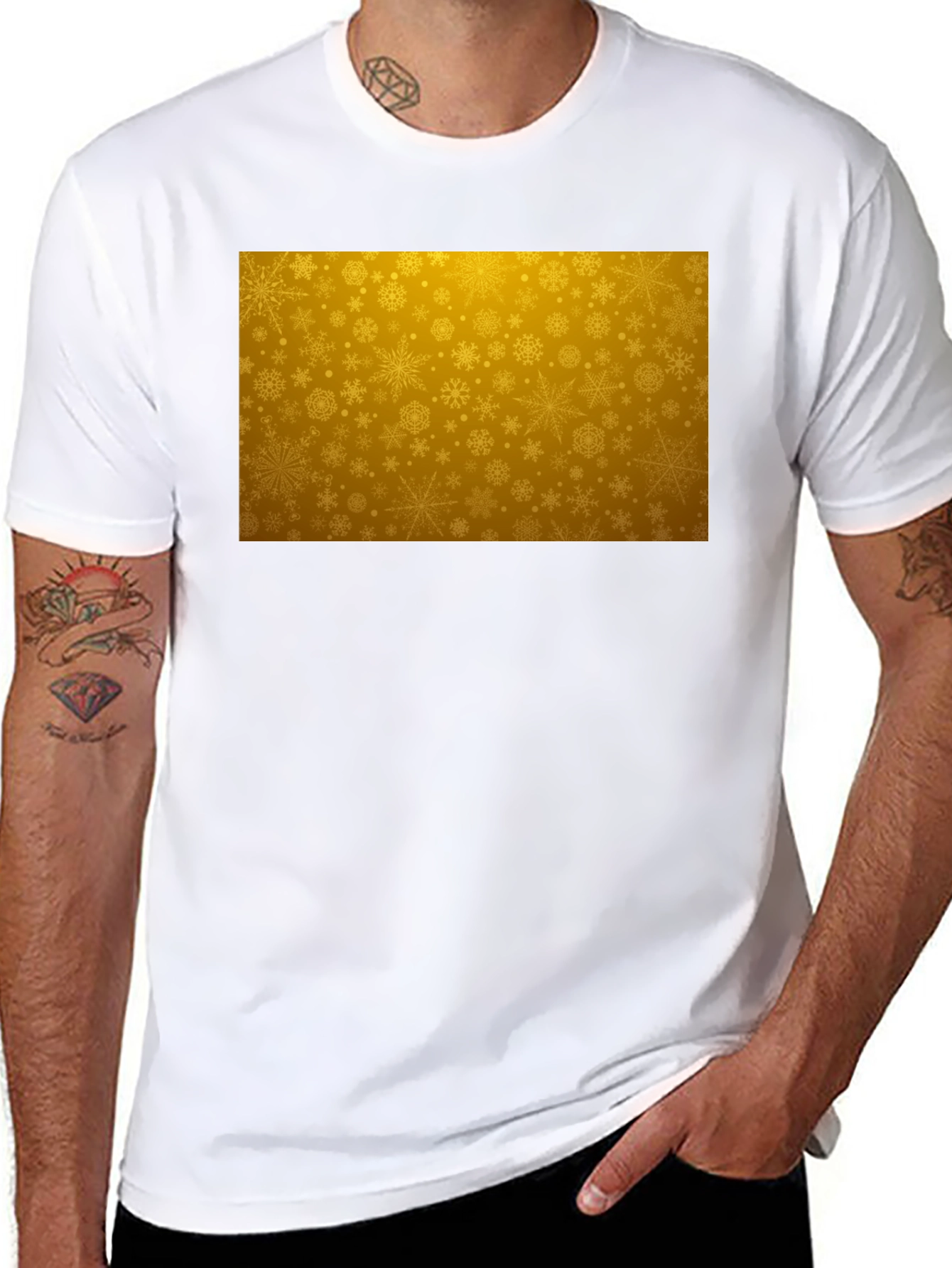 Golden Snowflake Pattern Black T-Shirt