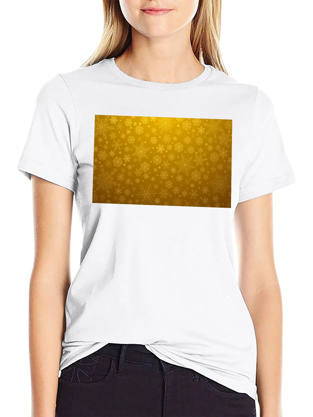 Golden Snowflake Pattern Black T-Shirt
