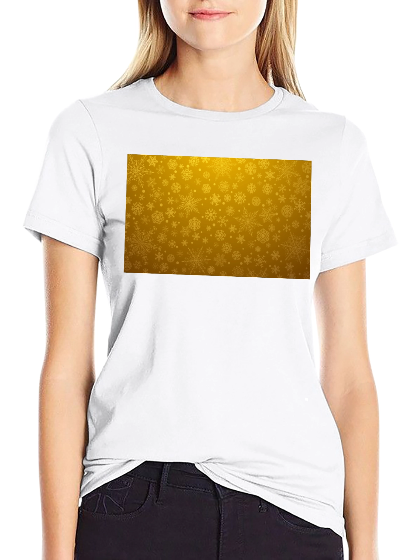 Golden Snowflake Pattern Black T-Shirt