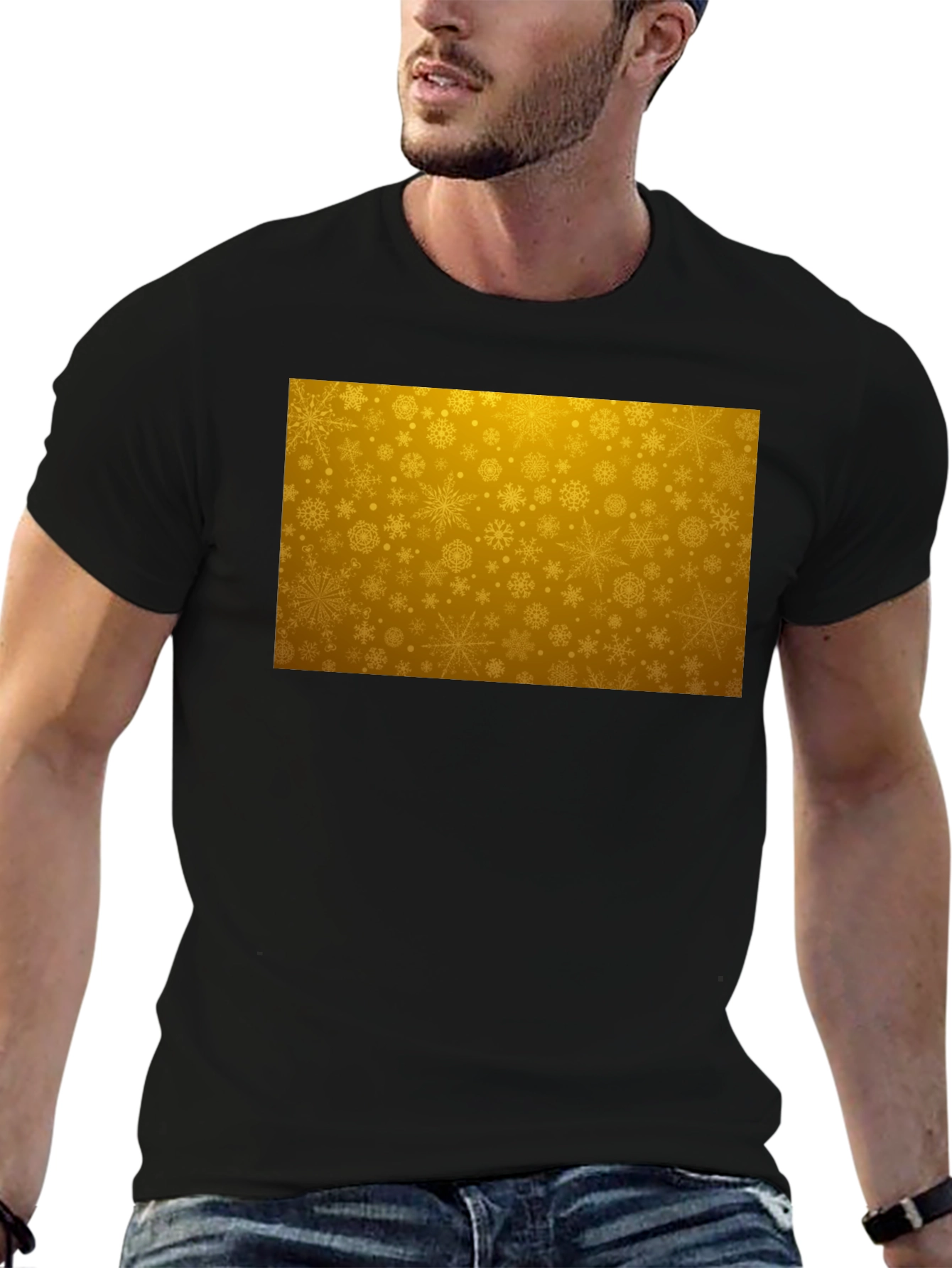 Golden Snowflake Pattern Black T-Shirt