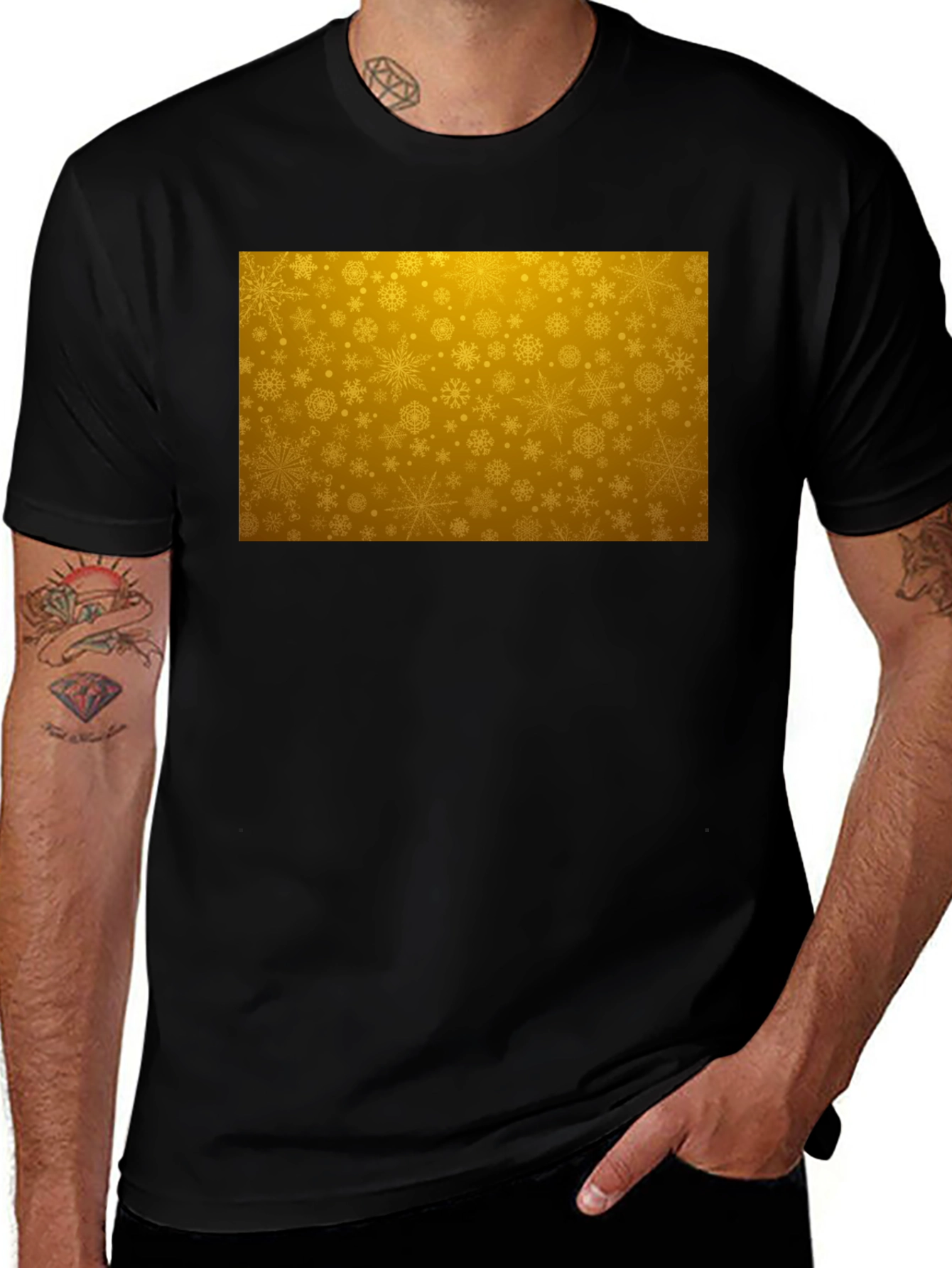 Golden Snowflake Pattern Black T-Shirt