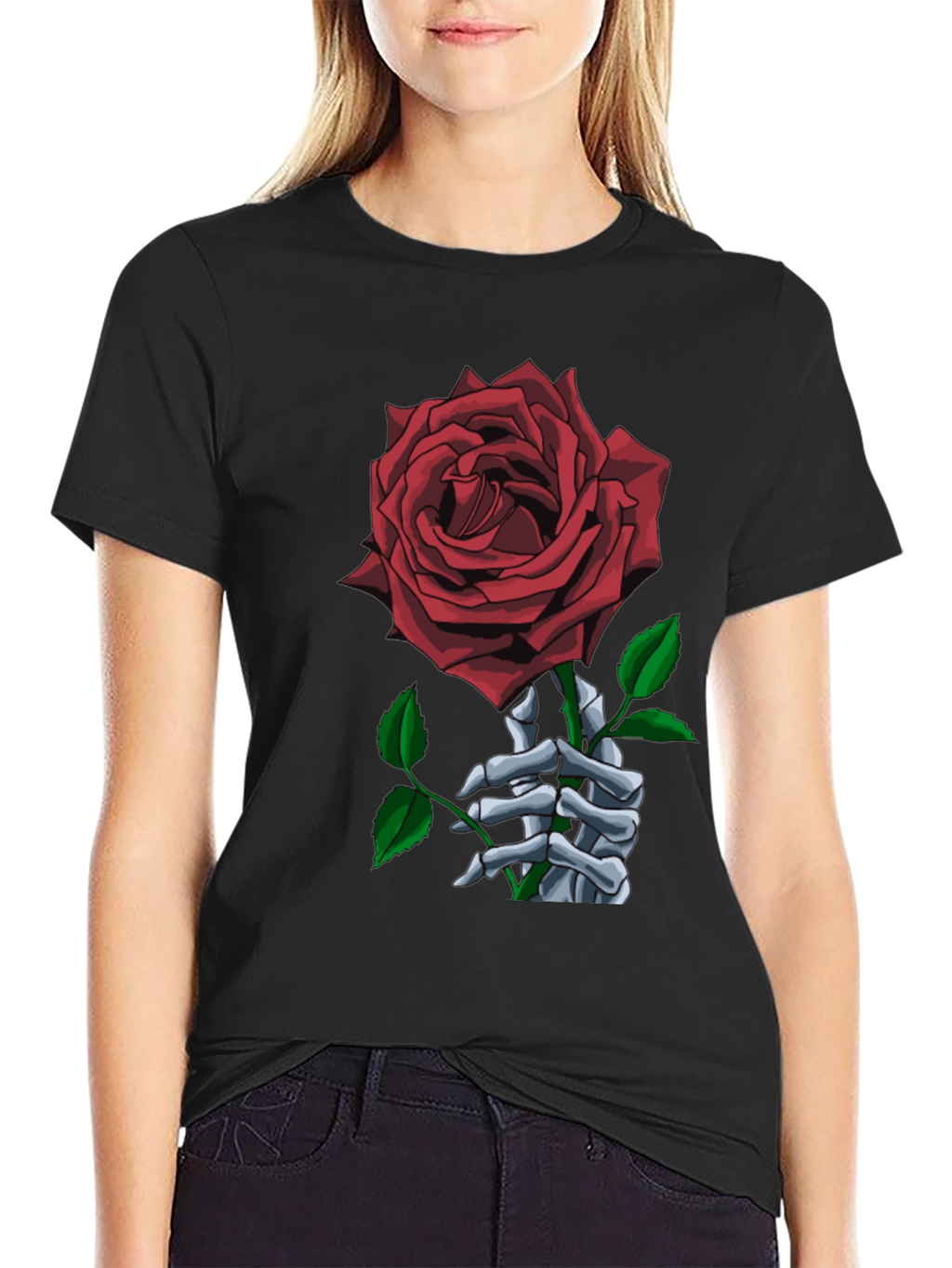 Rose Skeleton Hand Black Graphic Tee