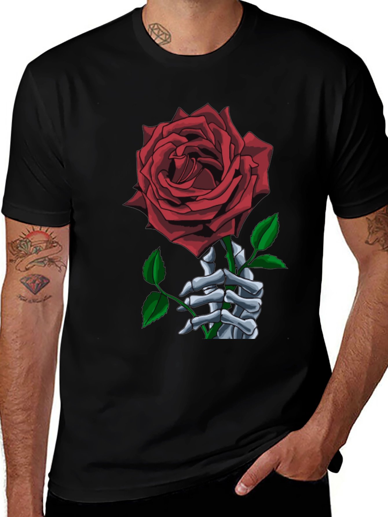 Rose Skeleton Hand Black Graphic Tee