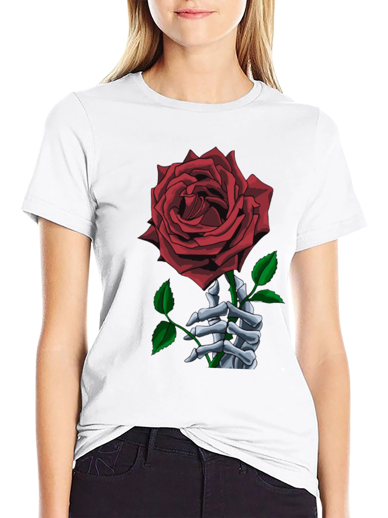Rose Skeleton Hand Black Graphic Tee