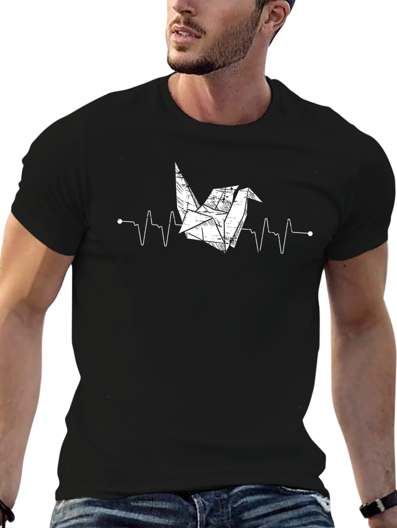 Origami Crane Heartbeat Graphic Tee - Black