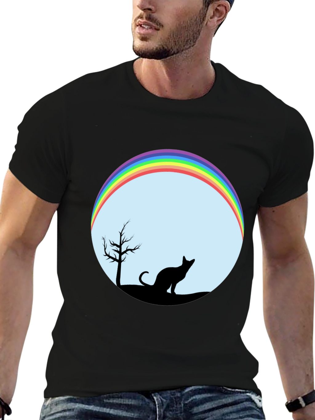 Cat Silhouette Rainbow Graphic Tee - Unisex