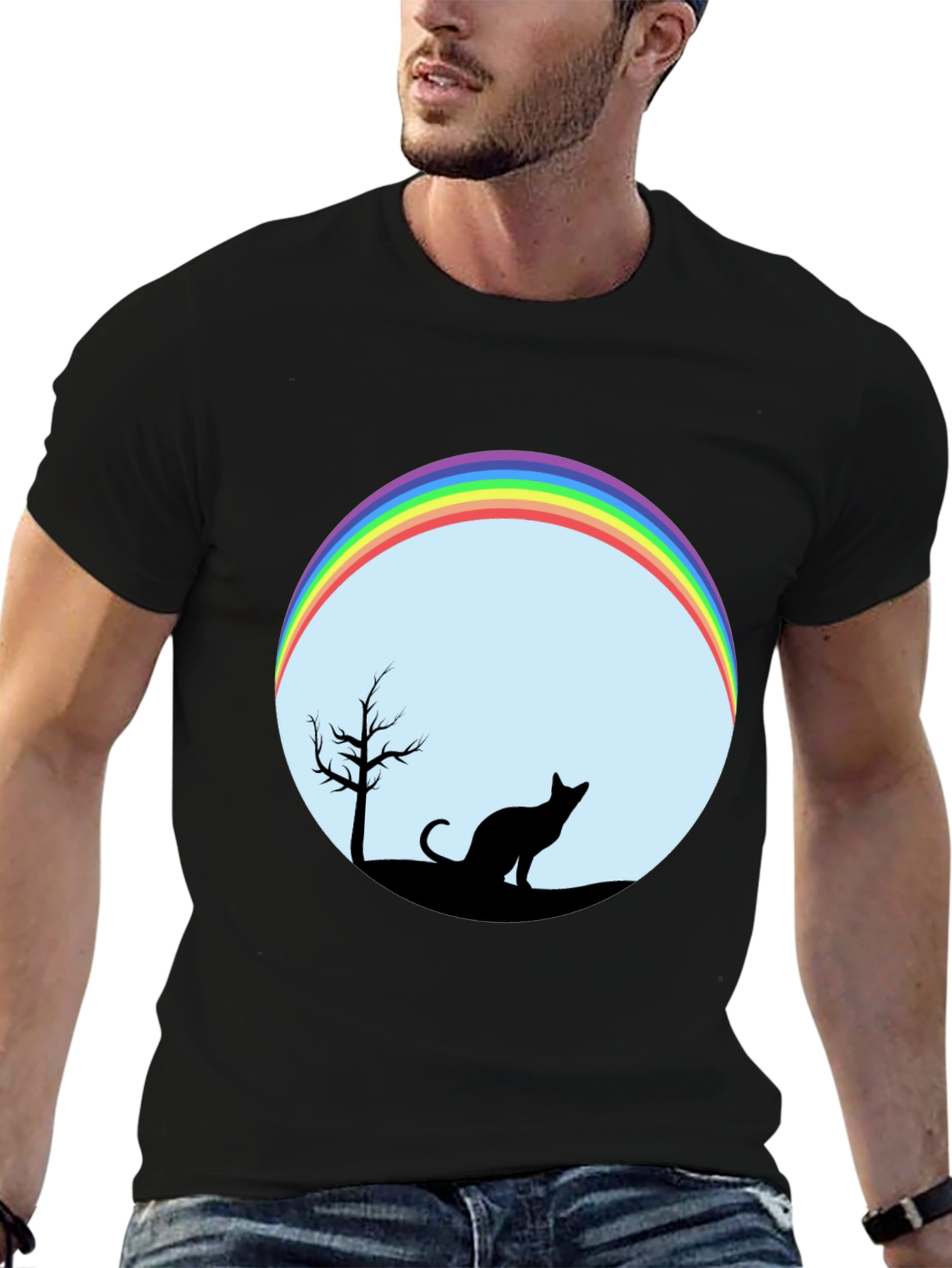 Cat Silhouette Rainbow Graphic Tee - Unisex