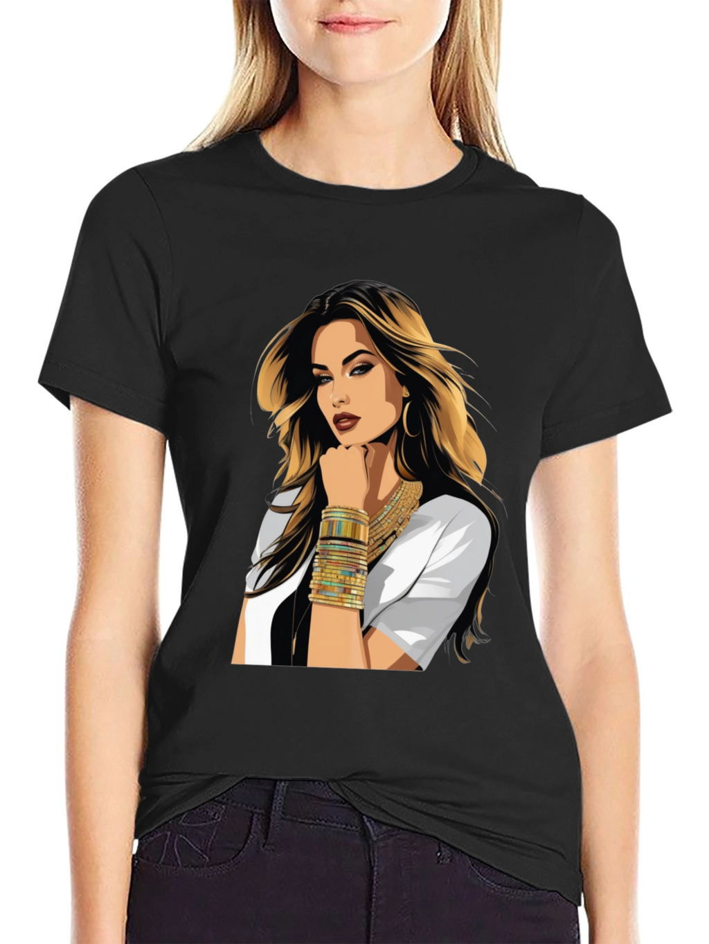 Black Graphic Tee - Glam Woman Print