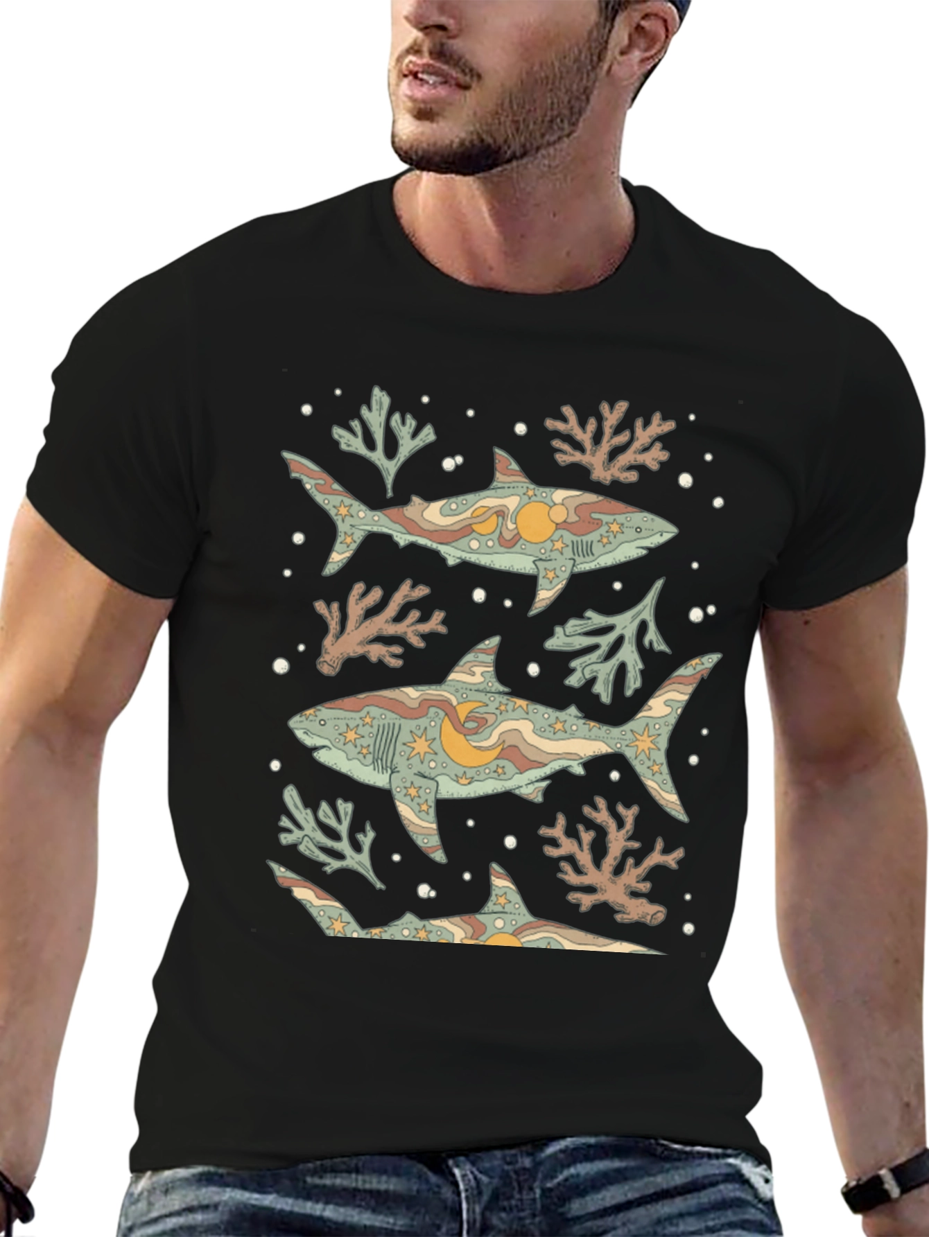 Shark Print Graphic Tee - Black
