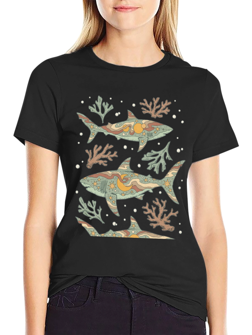 Shark Print Graphic Tee - Black